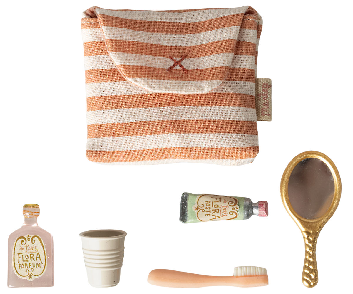 Maileg Toothbrush Set in Bag, Mouse - Coral Stripe at Bibelot Leek