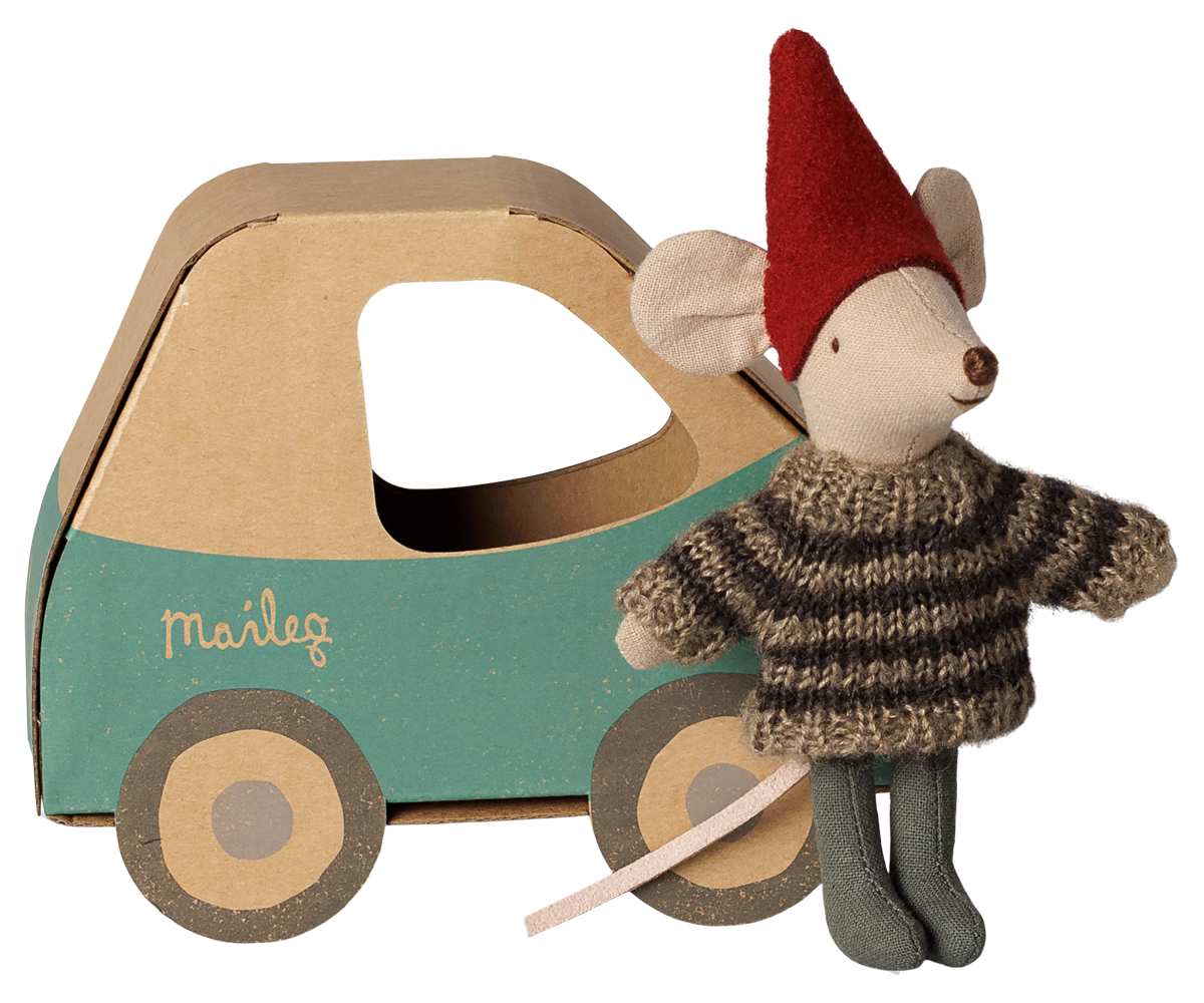 Maileg Christmas Mouse, Little Brother in Car Box at Bibelot Leek UK Stockist