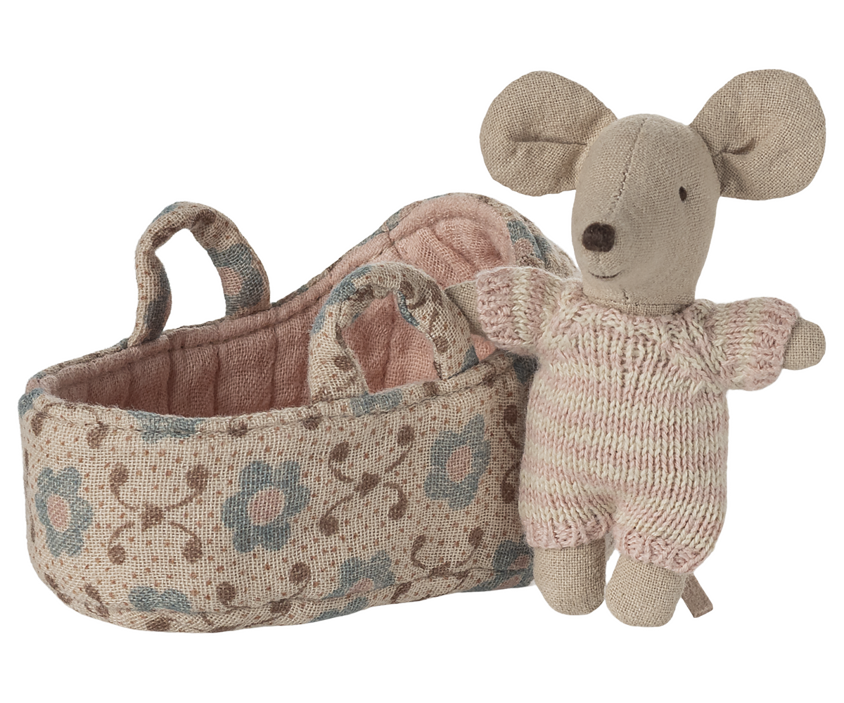 Maileg Baby Mouse in Carry Cot - Rose UK stockist