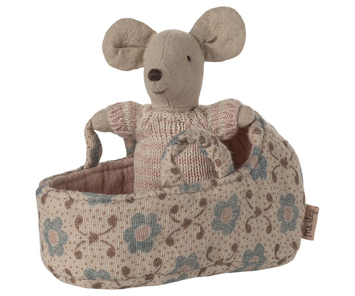 Maileg Baby Mouse in Carry Cot - Rose UK stockist
