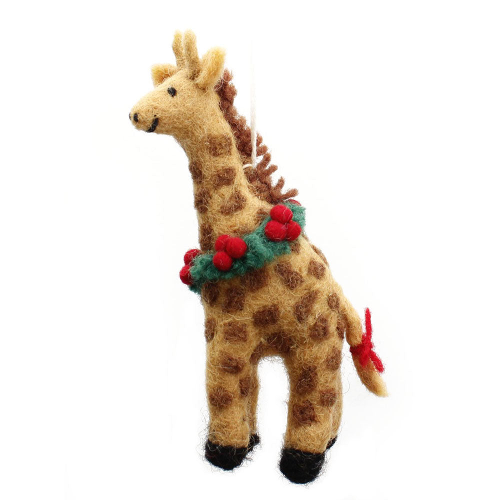 Amica Felt fair trade Safari Christmas Giraffe with Holly Wreath Decoration
