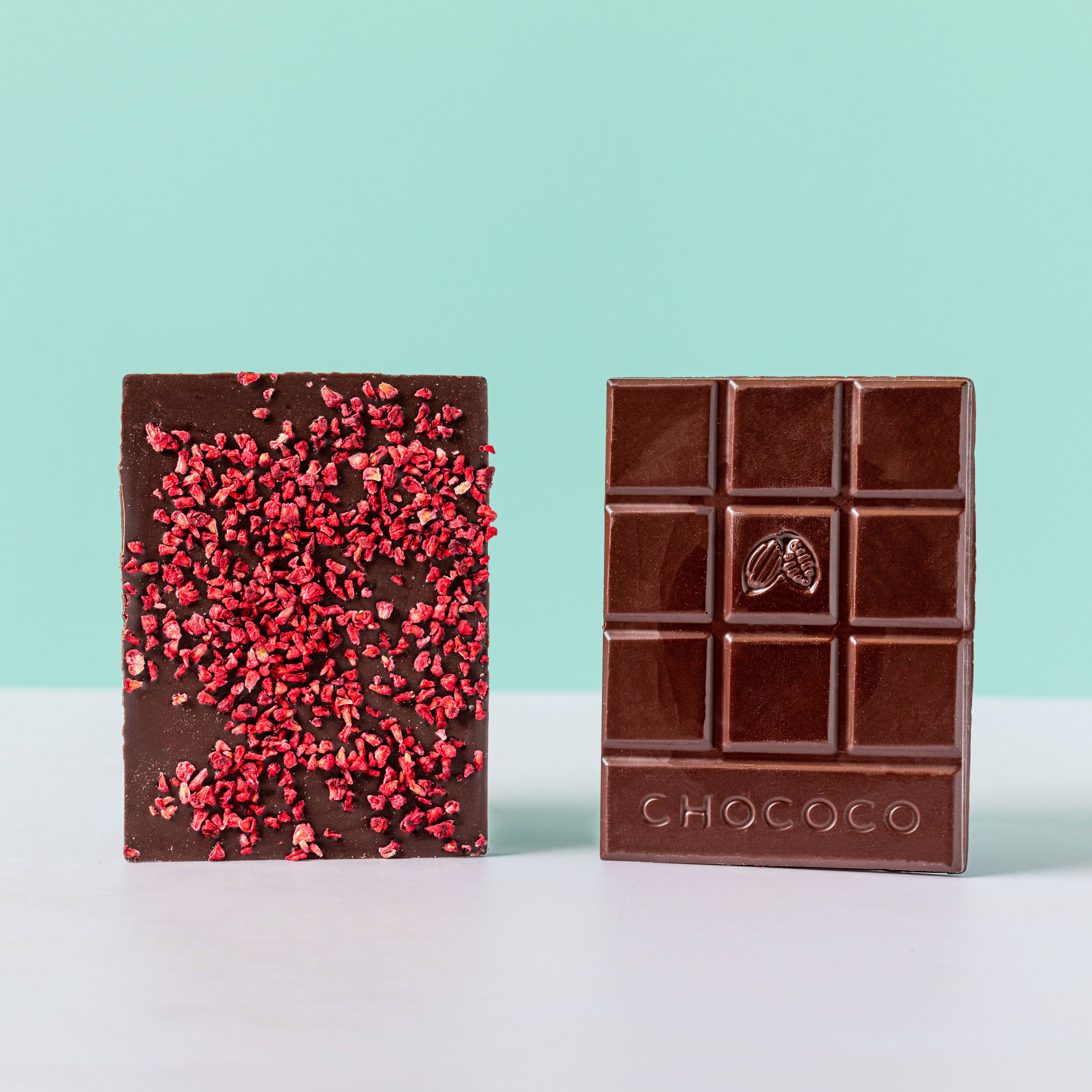 Chococo Ravishing Raspberry studded 72% Ecuador Chocolate Bar (VEGAN) Bibelot Leek