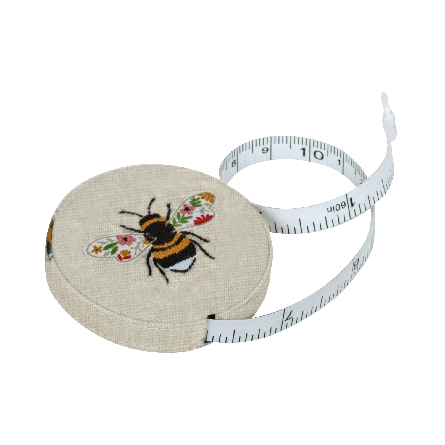 Tape measure with embroidered bee design on a white background