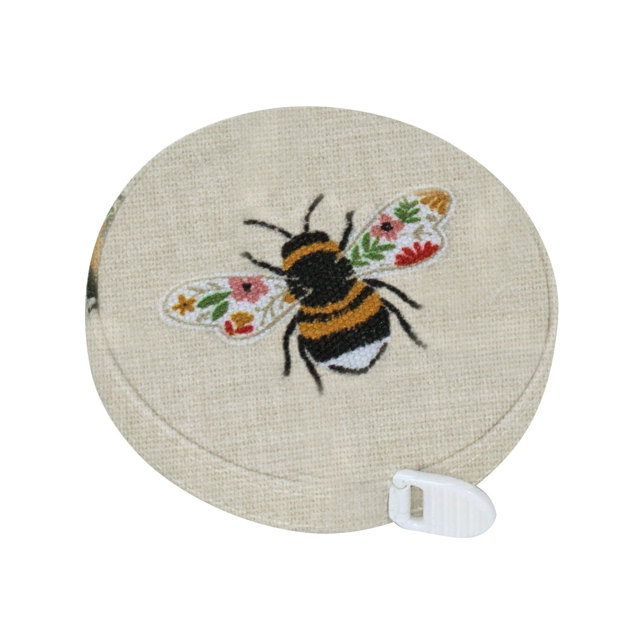Tape measure with a bee design on a white background