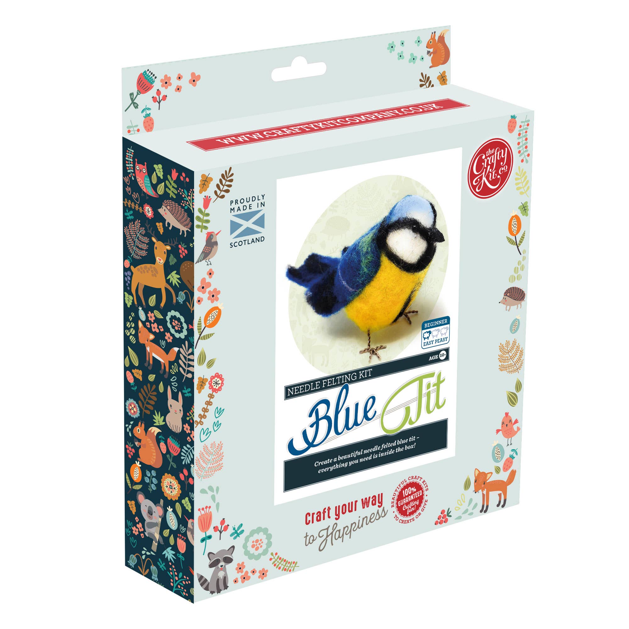 Needle felting kit packaging with a blue tit design on a white background