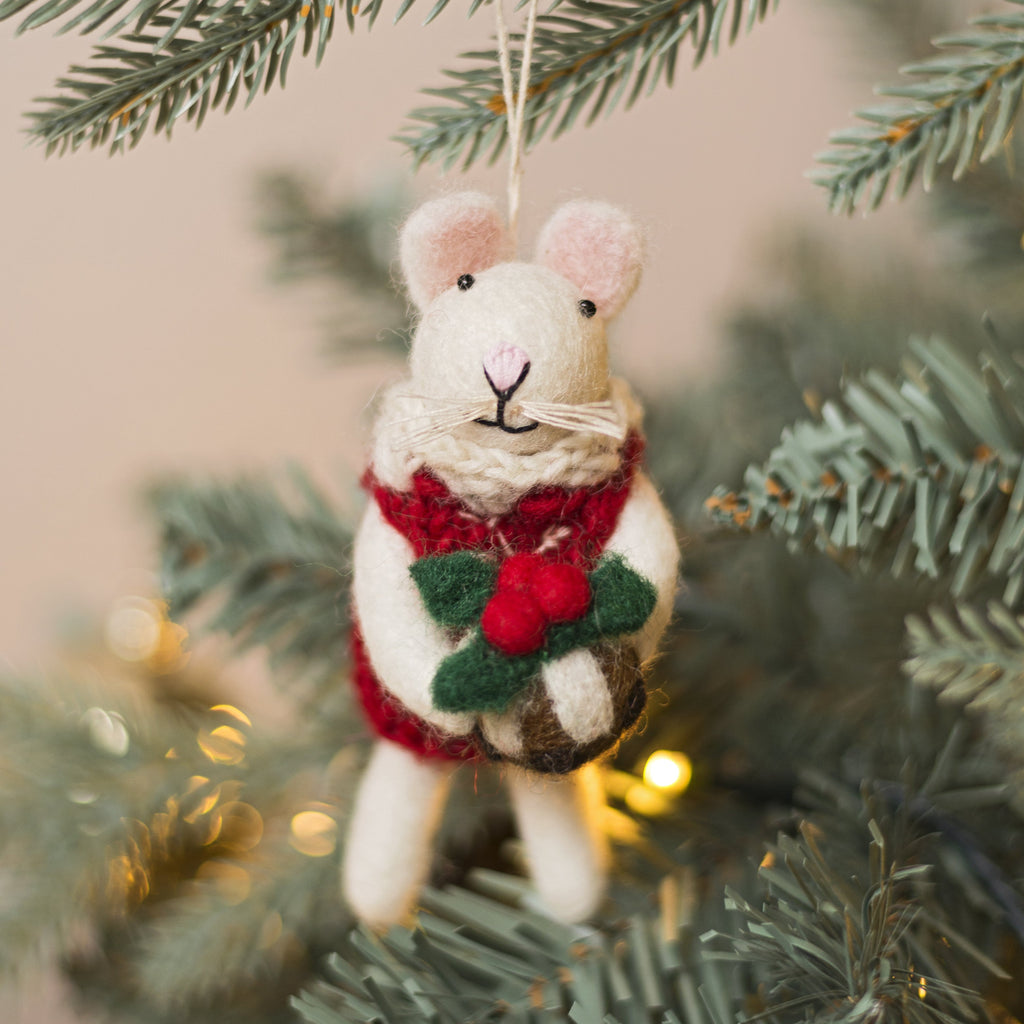 Felt Little Girl Mouse with Christmas Pudding Decoration
