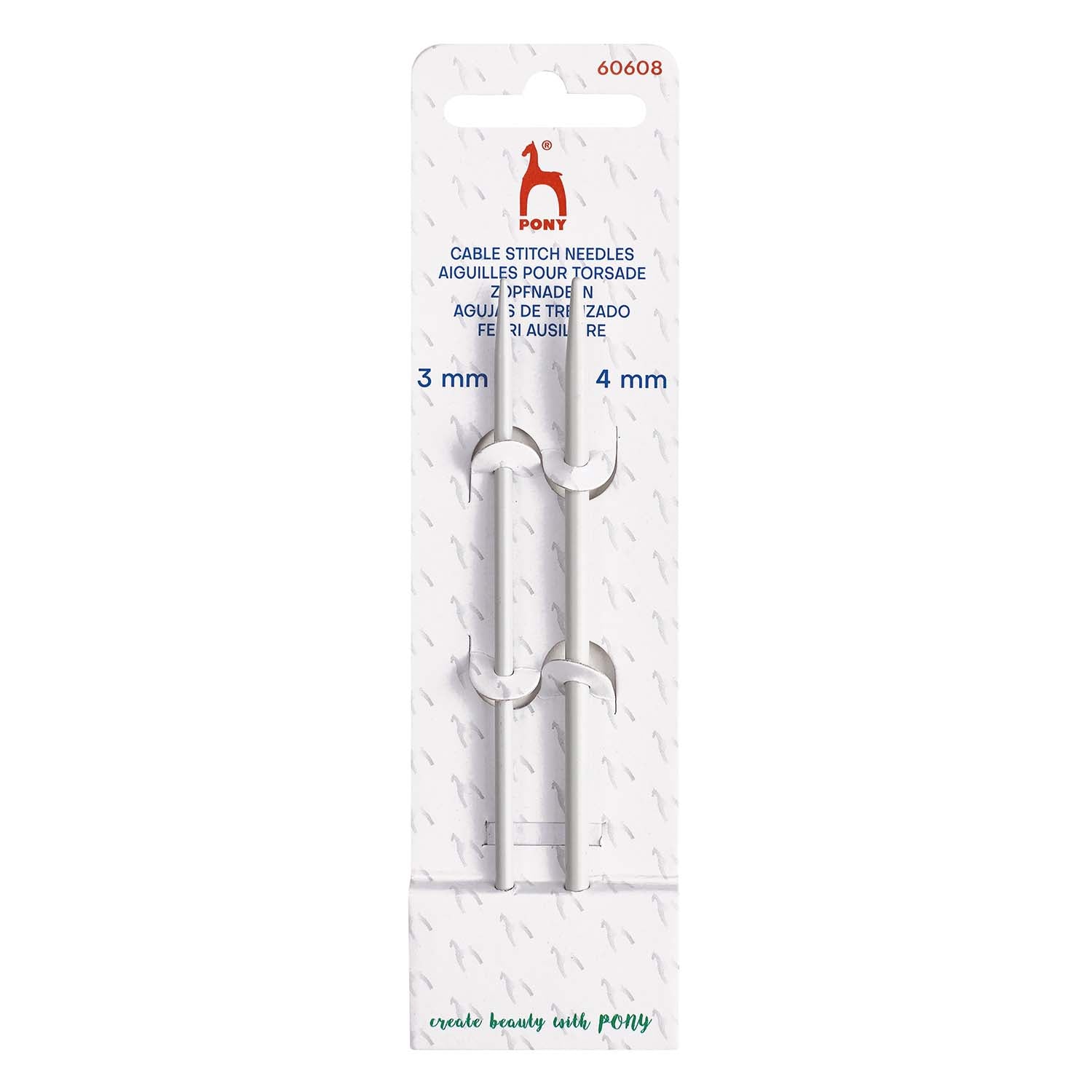 Pack of cable stitch needles with PONY branding on a white background