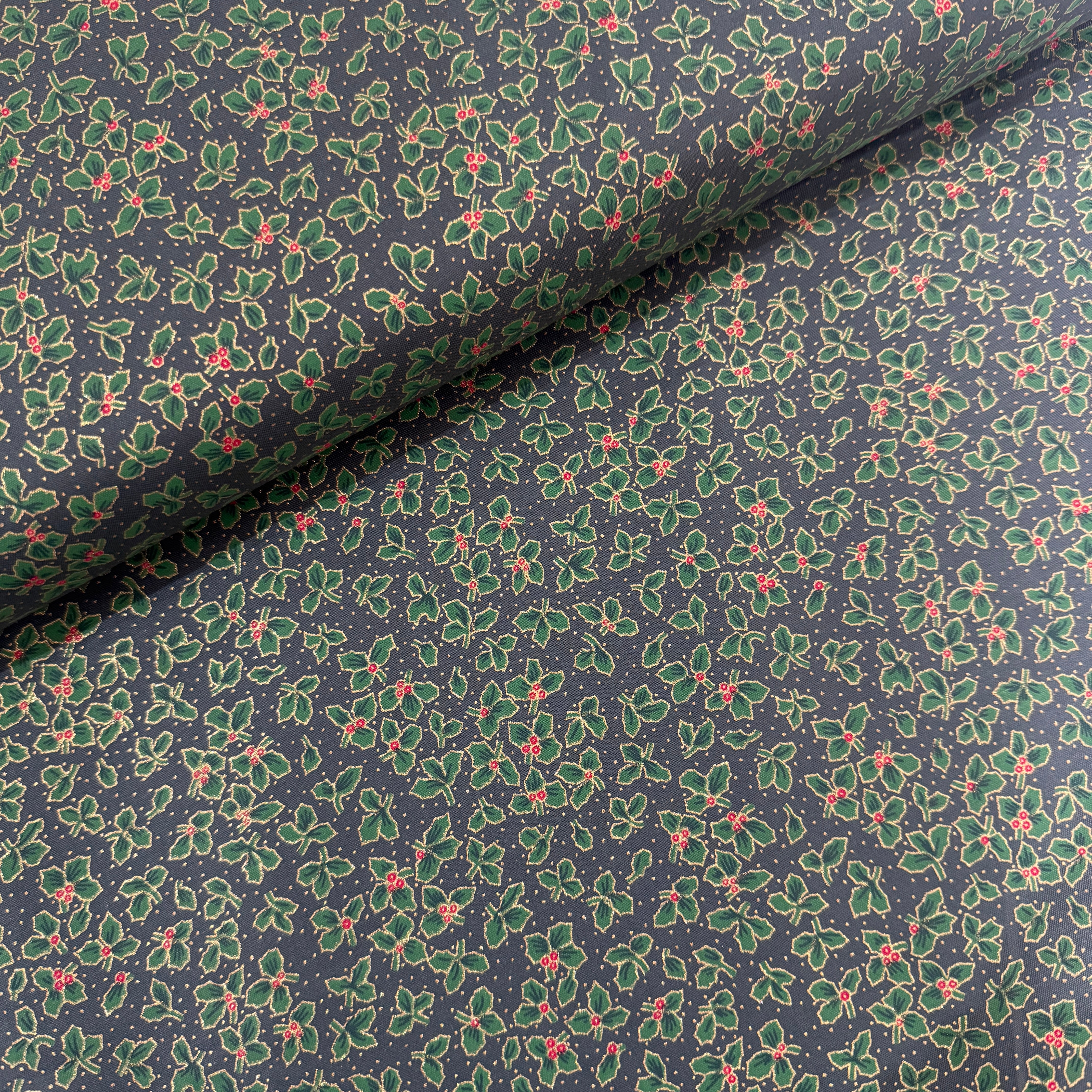 Christmas Holly & Berries Green Cotton Fabric