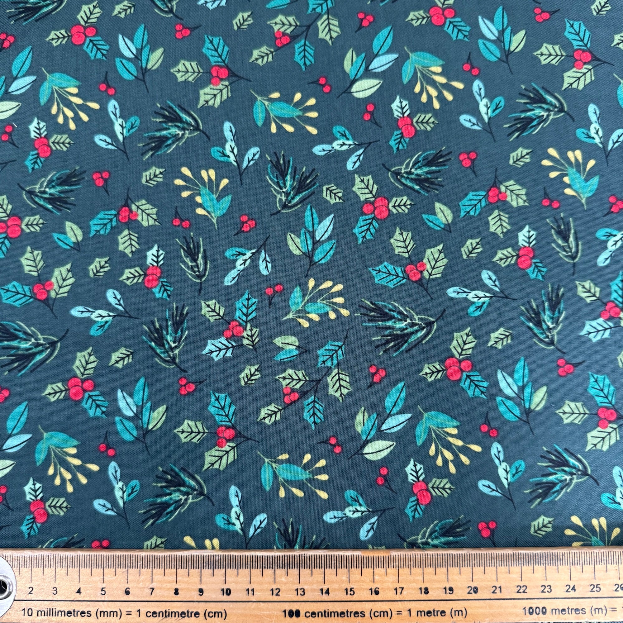 Christmas Holly, Berries & Leaves on Green Cotton Fabric