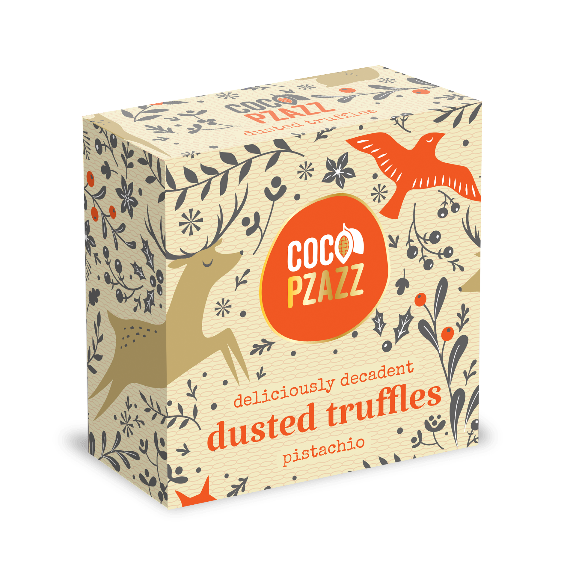 Box of Coco Pzazz pistachio dusted truffles with decorative design on a white background