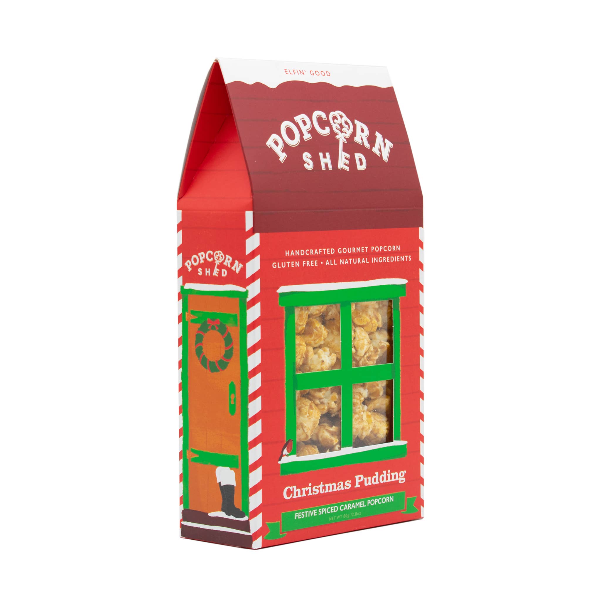 Red and green box of Popcorn Shed Christmas Pudding popcorn on a white background