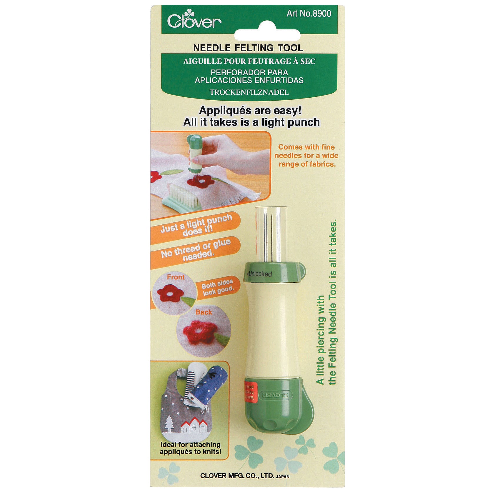 Clover needle felting tool packaging with text and images on a white background