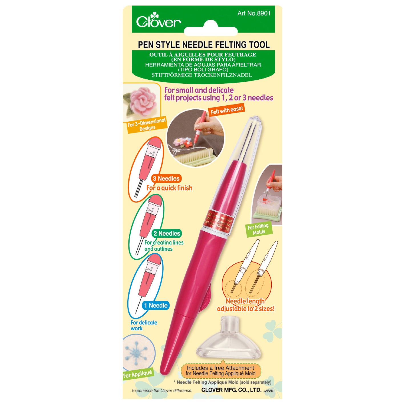 Clover pen-style needle felting tool packaging with pink tool and yellow background