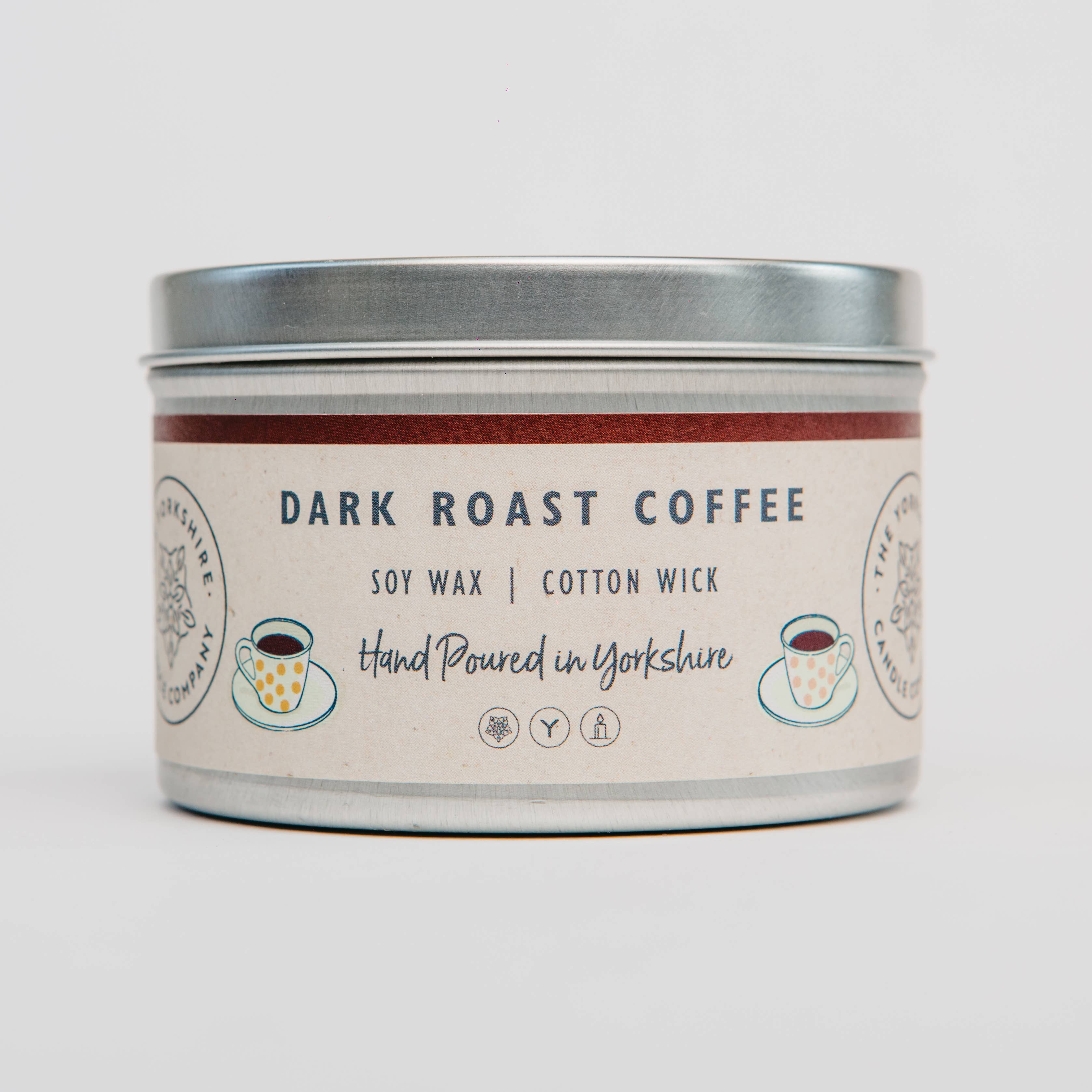 Candle tin labeled 'Dark Roast Coffee' with a white background