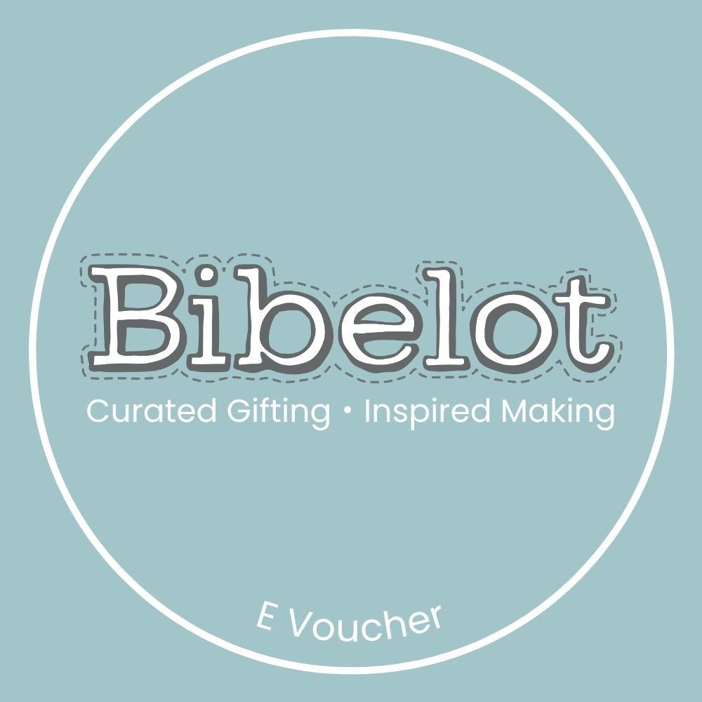 Bibelot e-voucher design with brand name and tagline on a light blue background