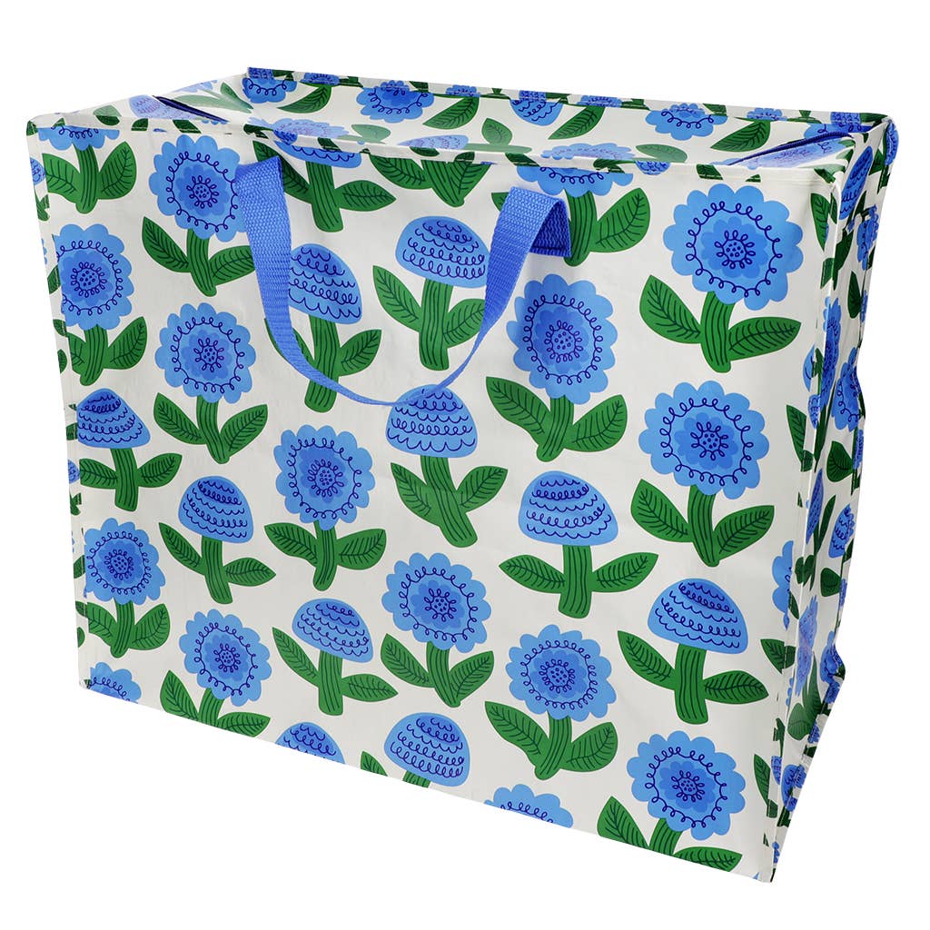 Reusable shopping bag with blue floral pattern on a white background