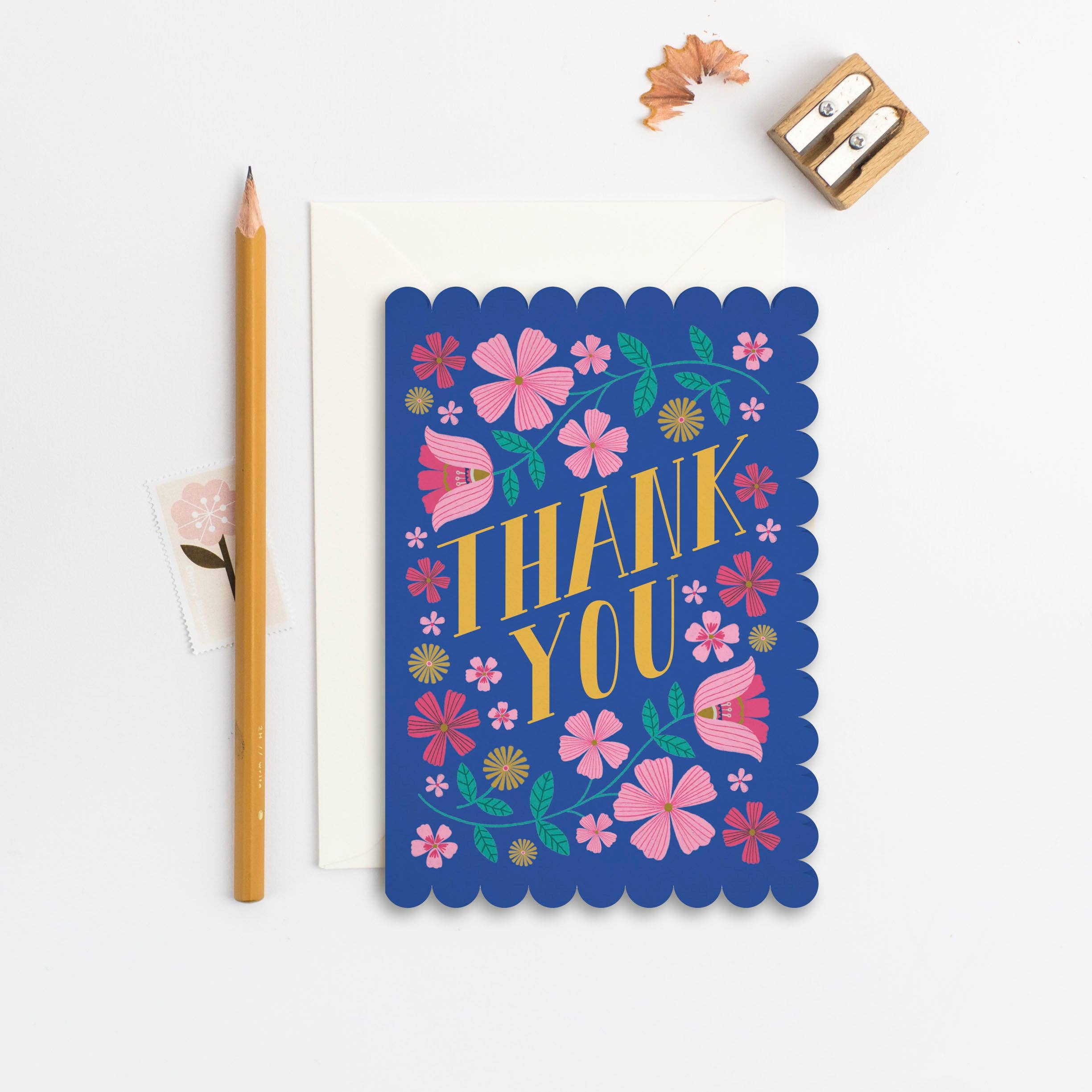 Mifkins Folk Flowers Blue Scalloped Thank You Card at Bibelot Leek