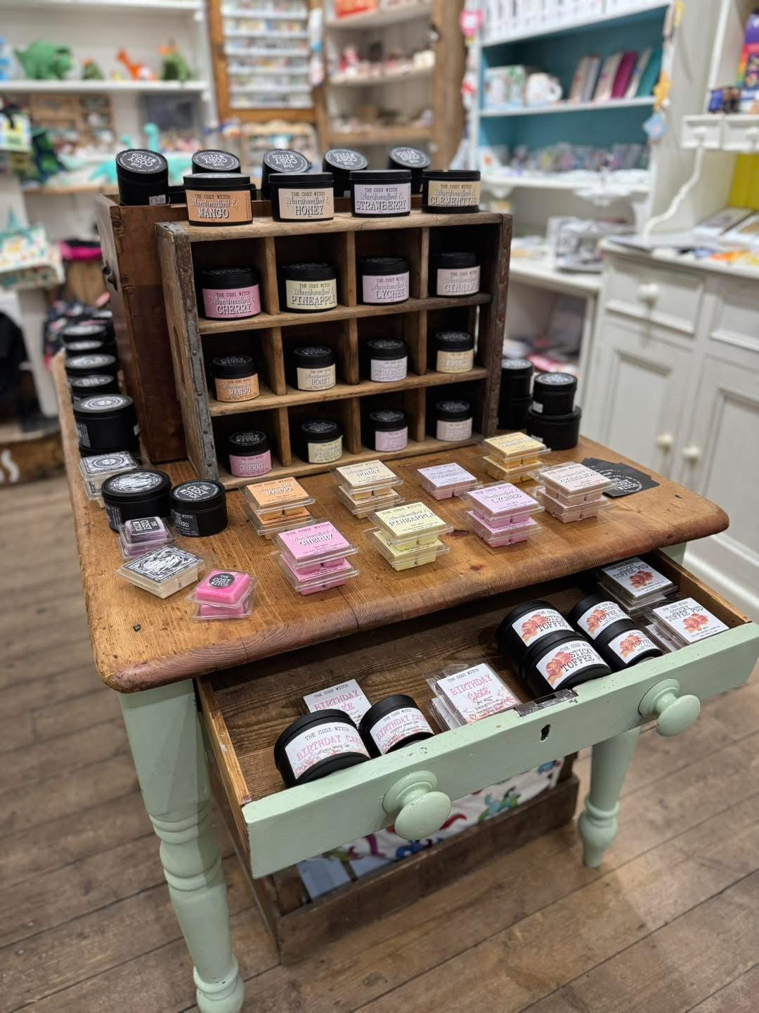Cosy witch candles on display at bibelot leek staffordshire
