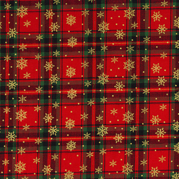 John Louden Christmas Red Tartan with Gold Stars Cotton Fabric at Bibelot Leek