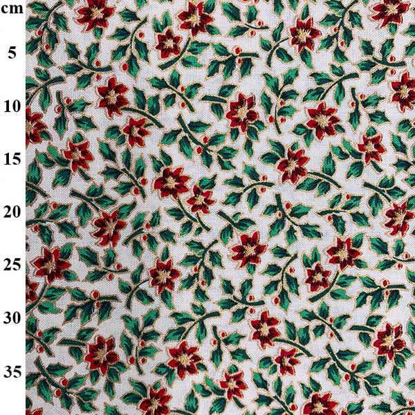 John Louden Christmas Poinsettia Sprigs on Cream Cotton Fabric at Bibelot Leek