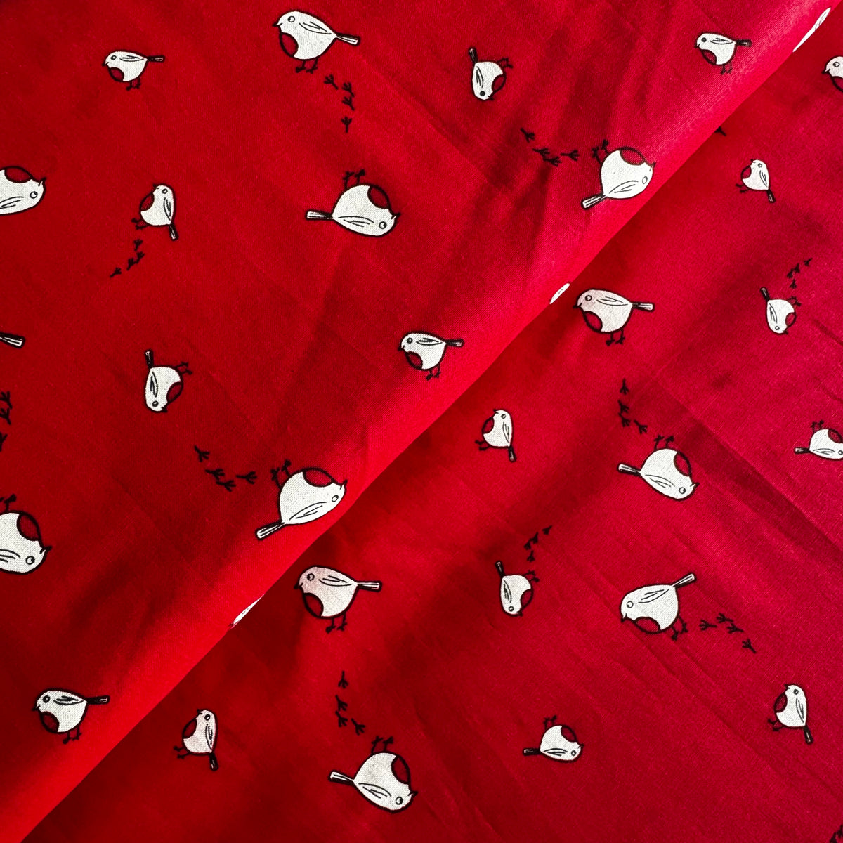 John Louden Christmas Robins on Red Cotton Fabric at Bibelot Leek