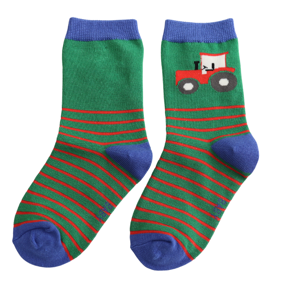 Miss Sparrow Baby Tractor & Stripes Green Socks (2-3yrs & 4-6yrs) at Bibelot Leek UK Stockist