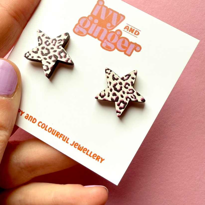 Large Black, White and Pink Leopard Print Star Studs