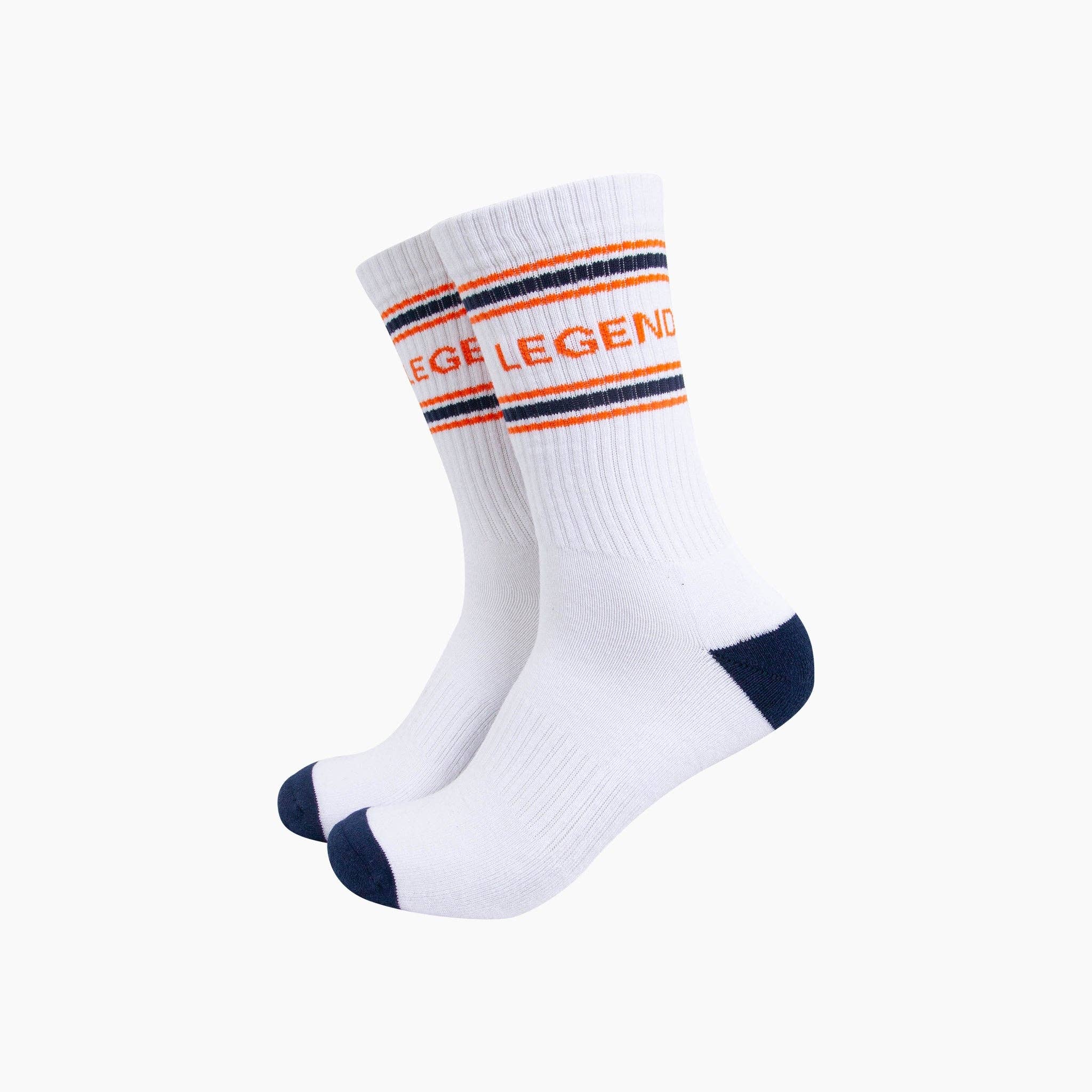 White socks with orange and blue stripes and 'LEGEND' text on a white background