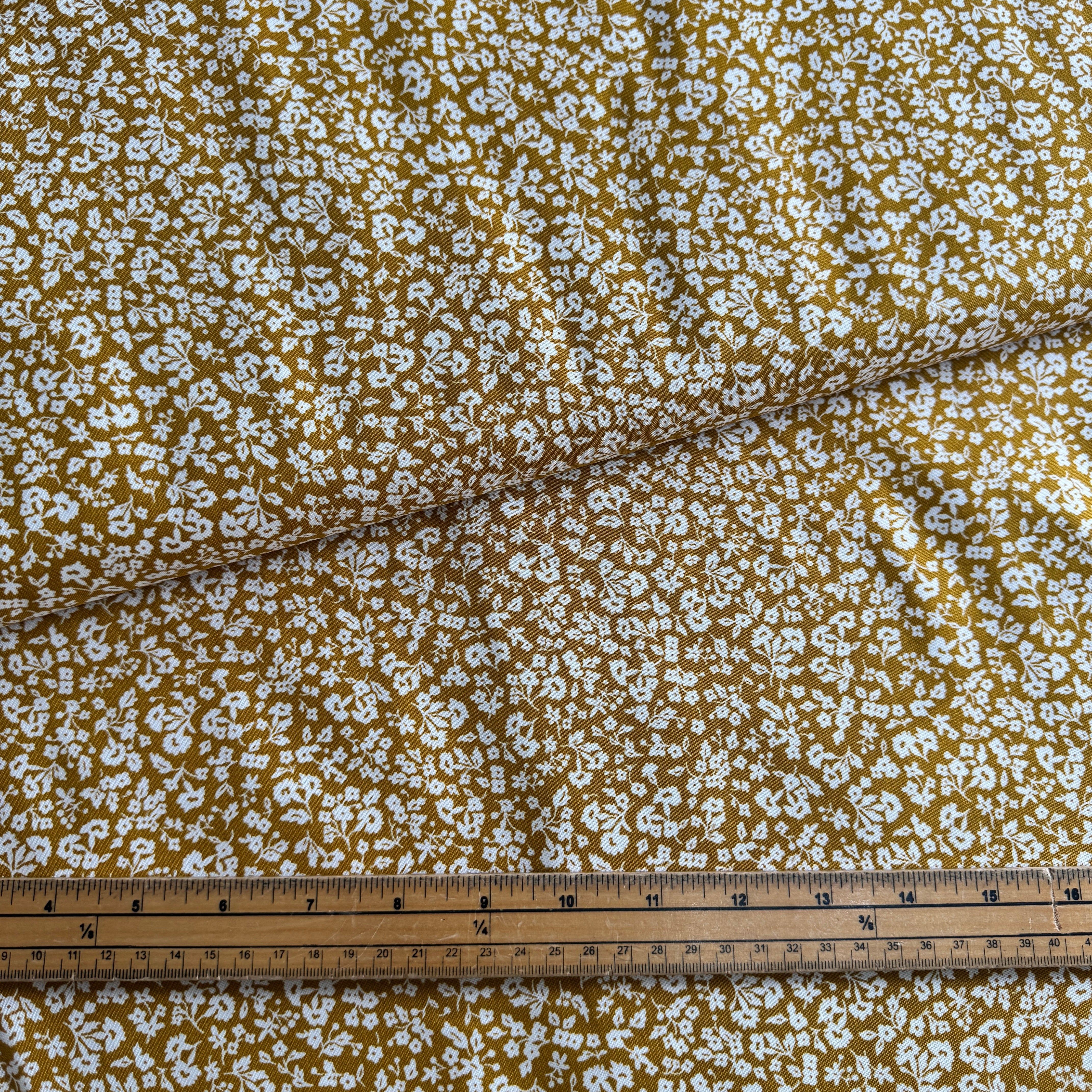 Liberty Denim Florals: Dainty Meadow Flower Sprigs Ochre 401A at Bibelot Leek