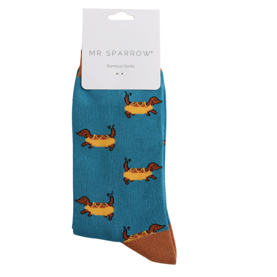 Mr Sparrow Hot Dogs Socks Teal at Bibelot Leek