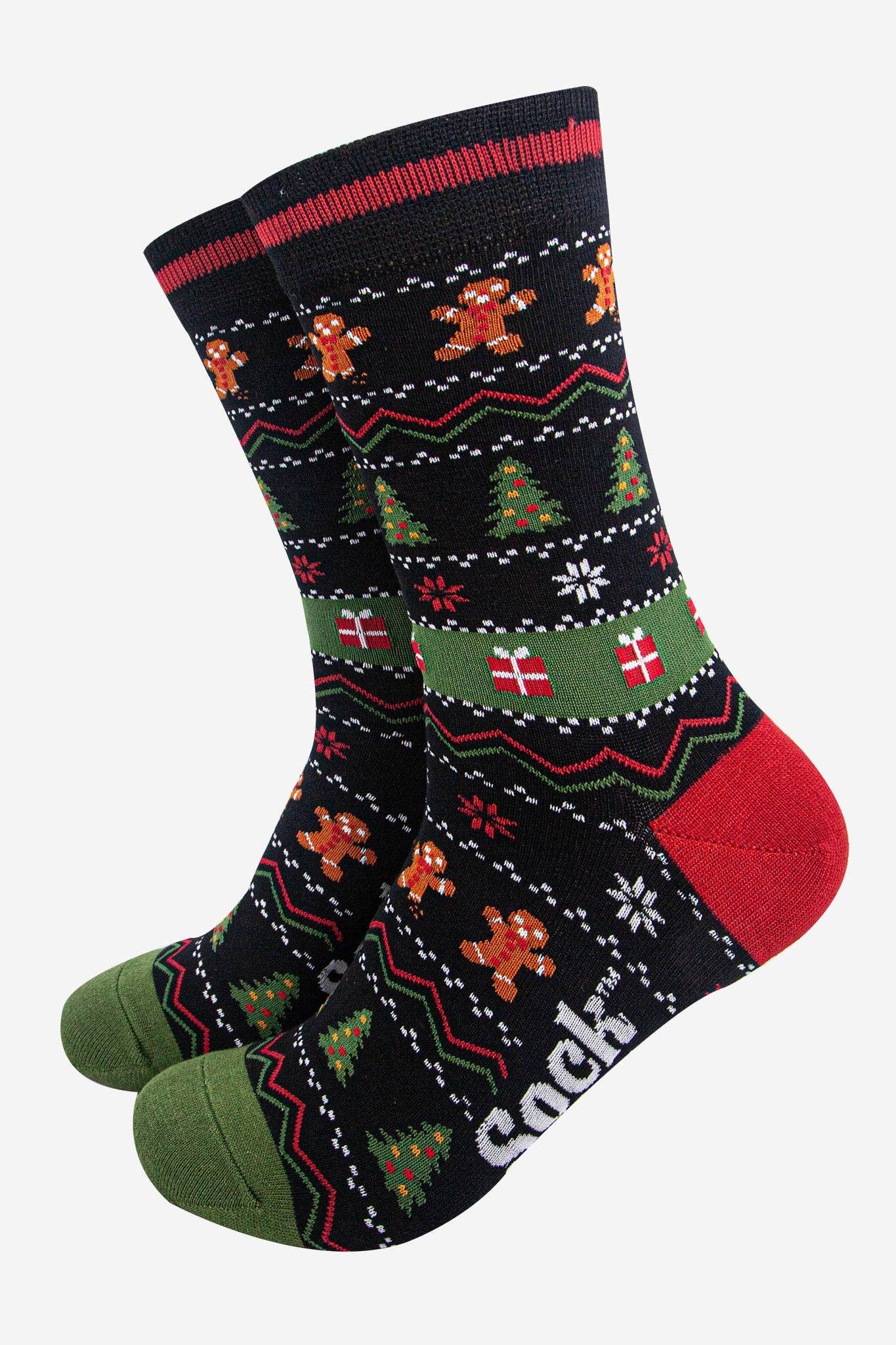 Sock Talk Men's Bamboo Socks - Black/Khaki, Gingerbread Fair Isle