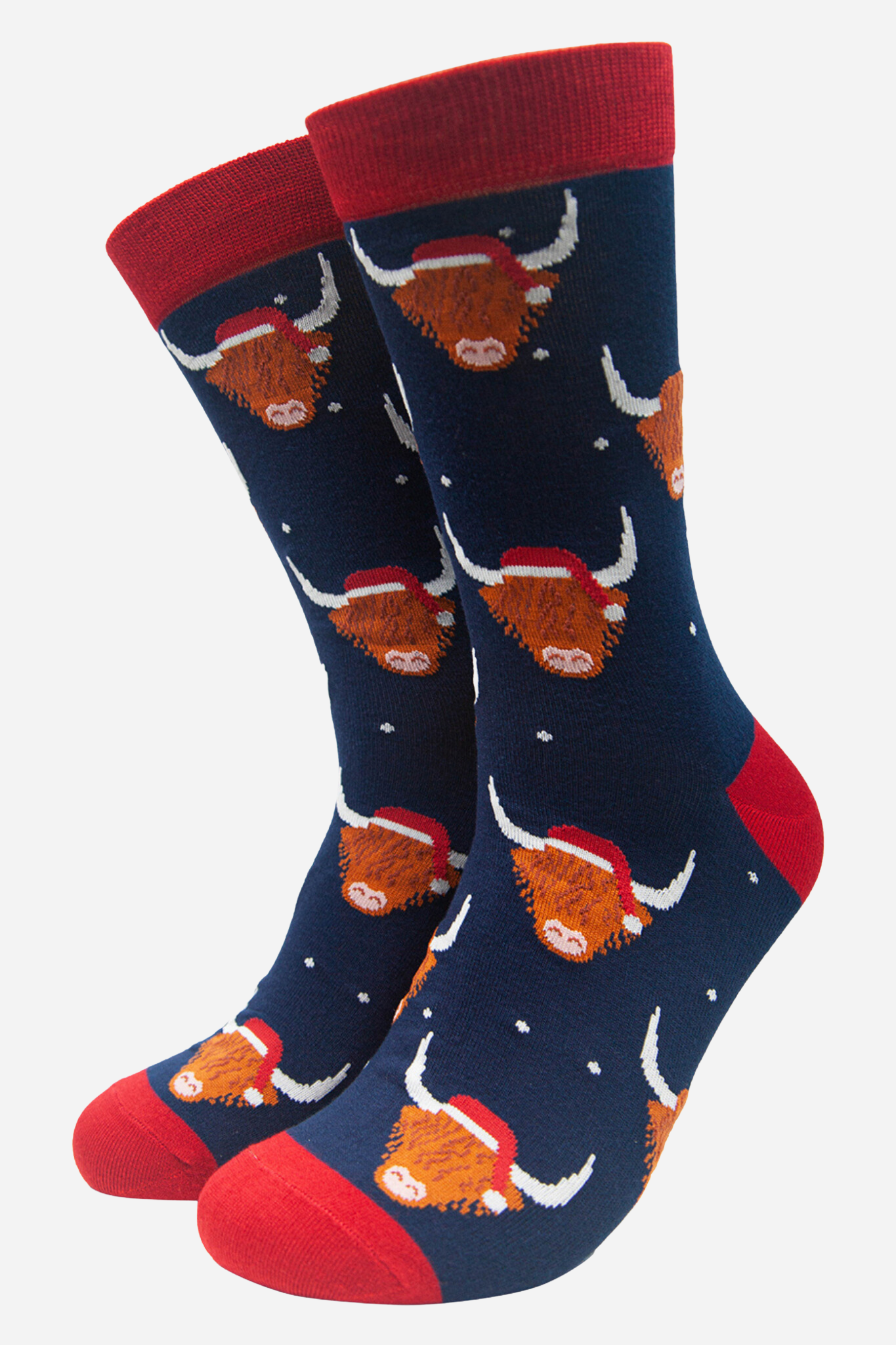 Sock Talk Men's Christmas Bamboo Socks - Navy/Red, Santa Highland Cow