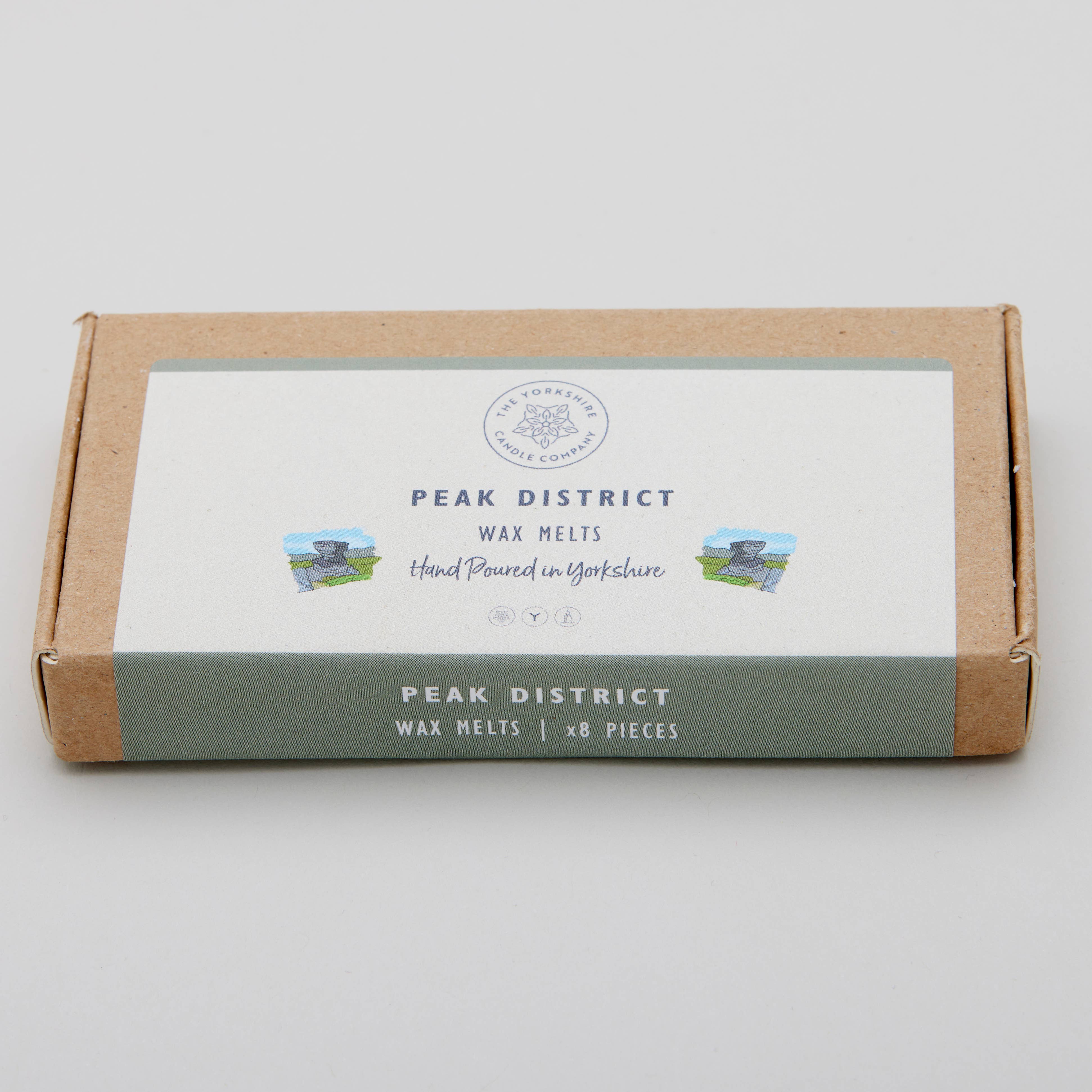 Box of Peak District wax melts on a light gray background