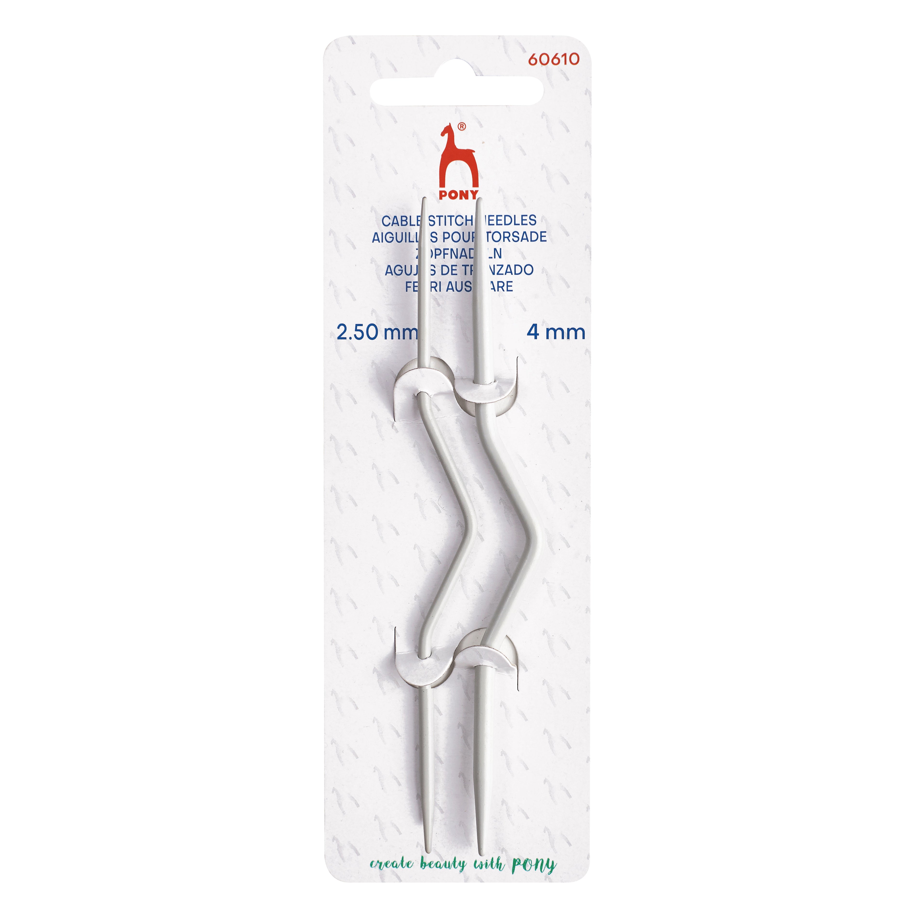 Pony cable stitch needle in packaging on a white background