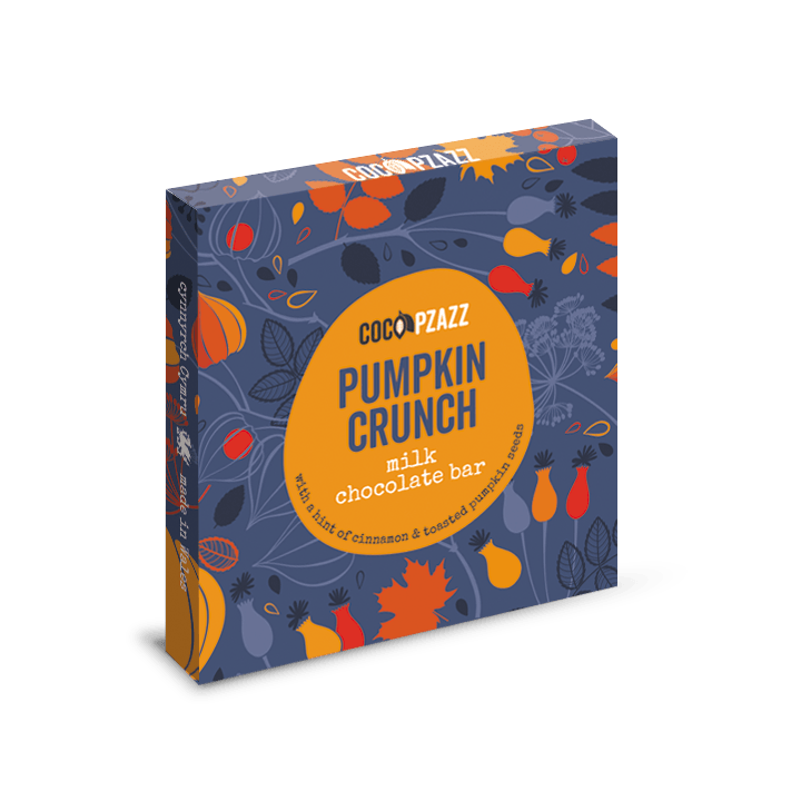 Cocopazz Pumpkin Crunch milk chocolate bar packaging on a white background