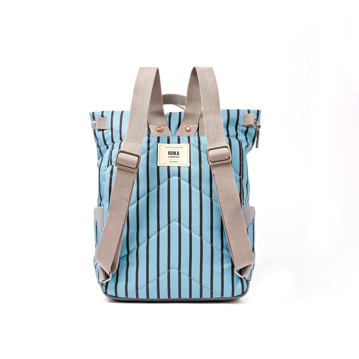 ROKA Canfield Roll Top Medium Backpack – Blue Stripe Recycled Canvas at Bibelot Leek UK Stockist