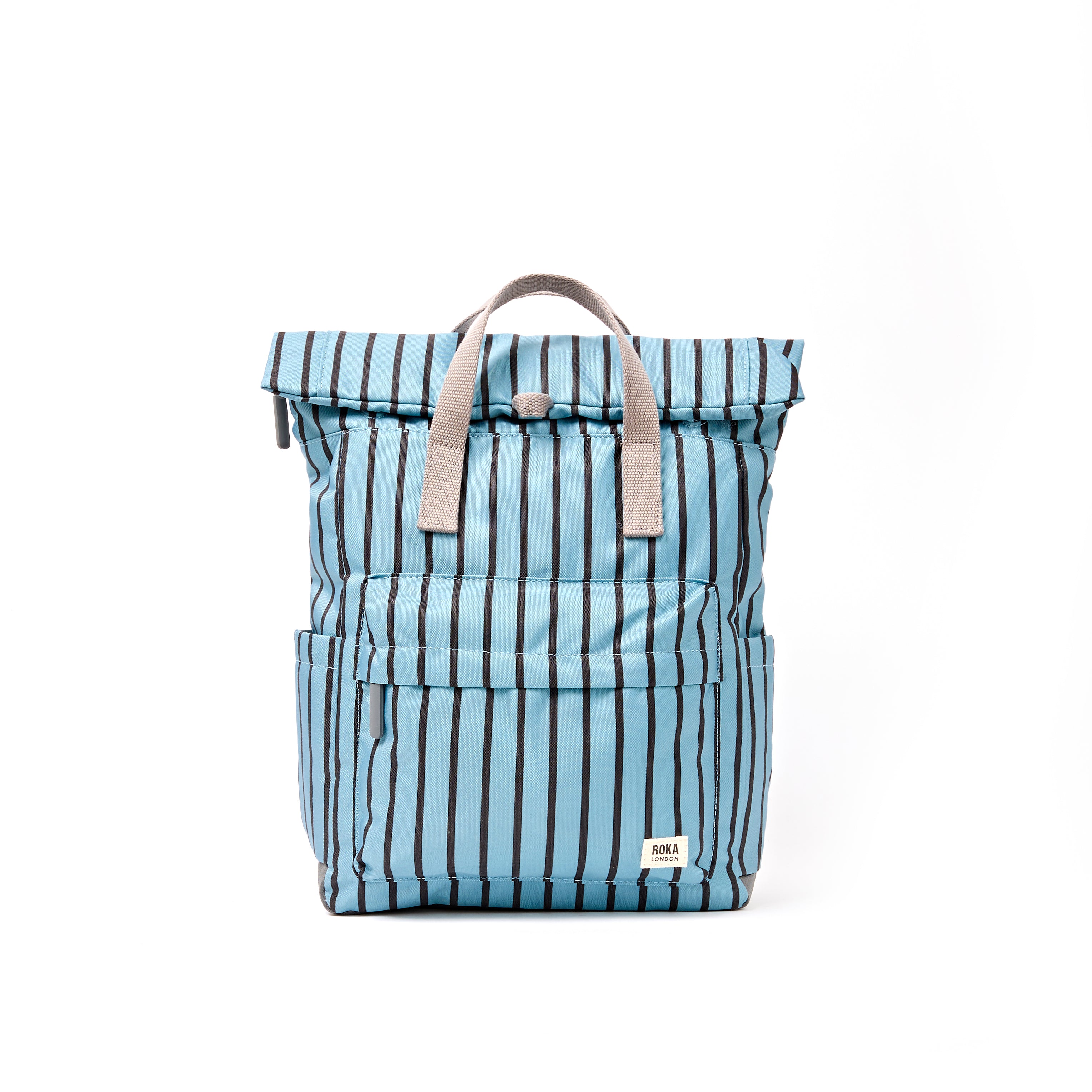 ROKA Canfield Roll Top Medium Backpack – Blue Stripe Recycled Canvas at Bibelot Leek UK Stockist