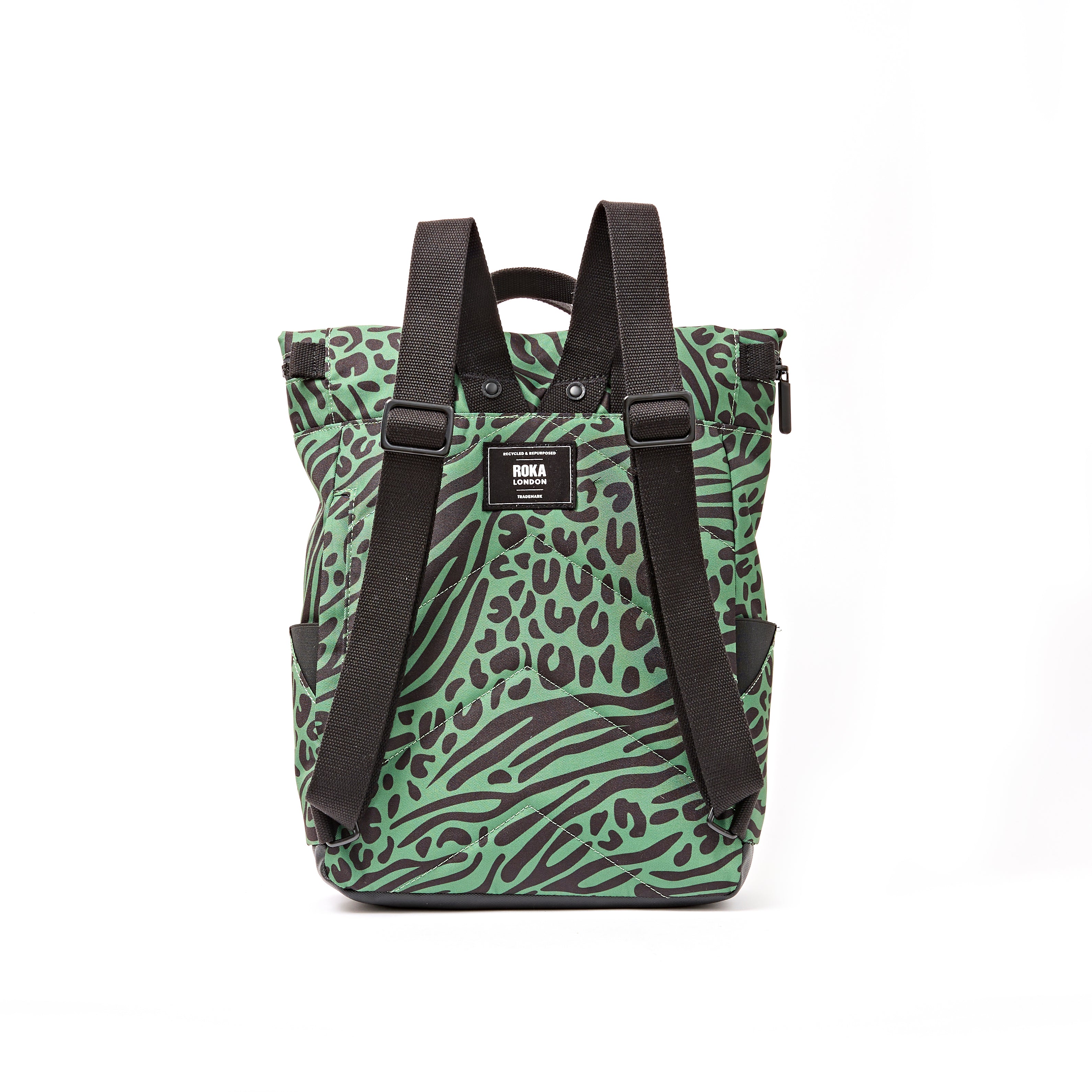 ROKA Canfield Roll Top Medium Backpack – Mixed Animal Artichoke Recycled Canvas at Bibelot Leek UK Stockist