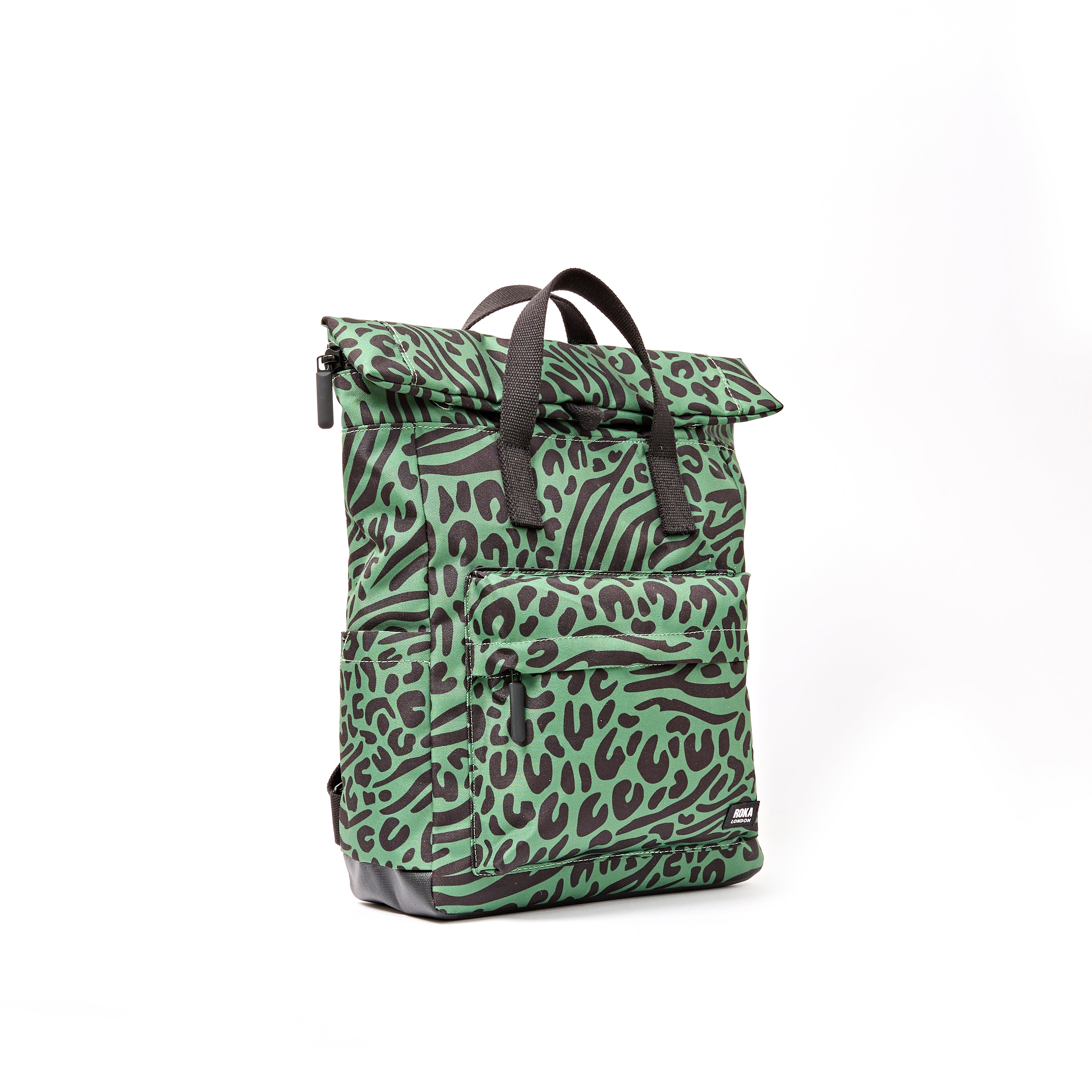 ROKA Canfield Roll Top Medium Backpack – Mixed Animal Artichoke Recycled Canvas at Bibelot Leek UK Stockist
