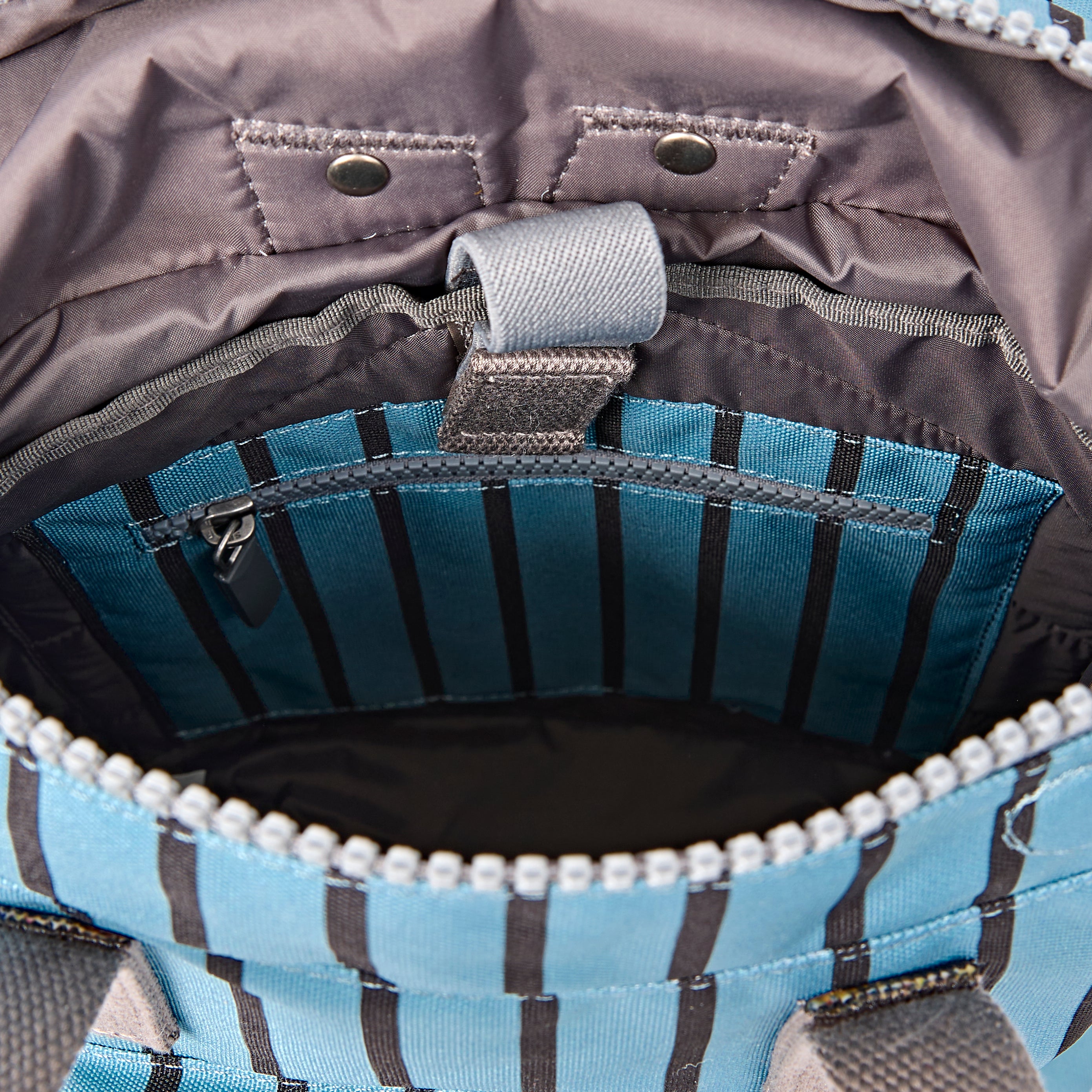 ROKA Canfield Roll Top Small Backpack – Blue Stripe Recycled Canvas at Bibelot Leek UK Stockist
