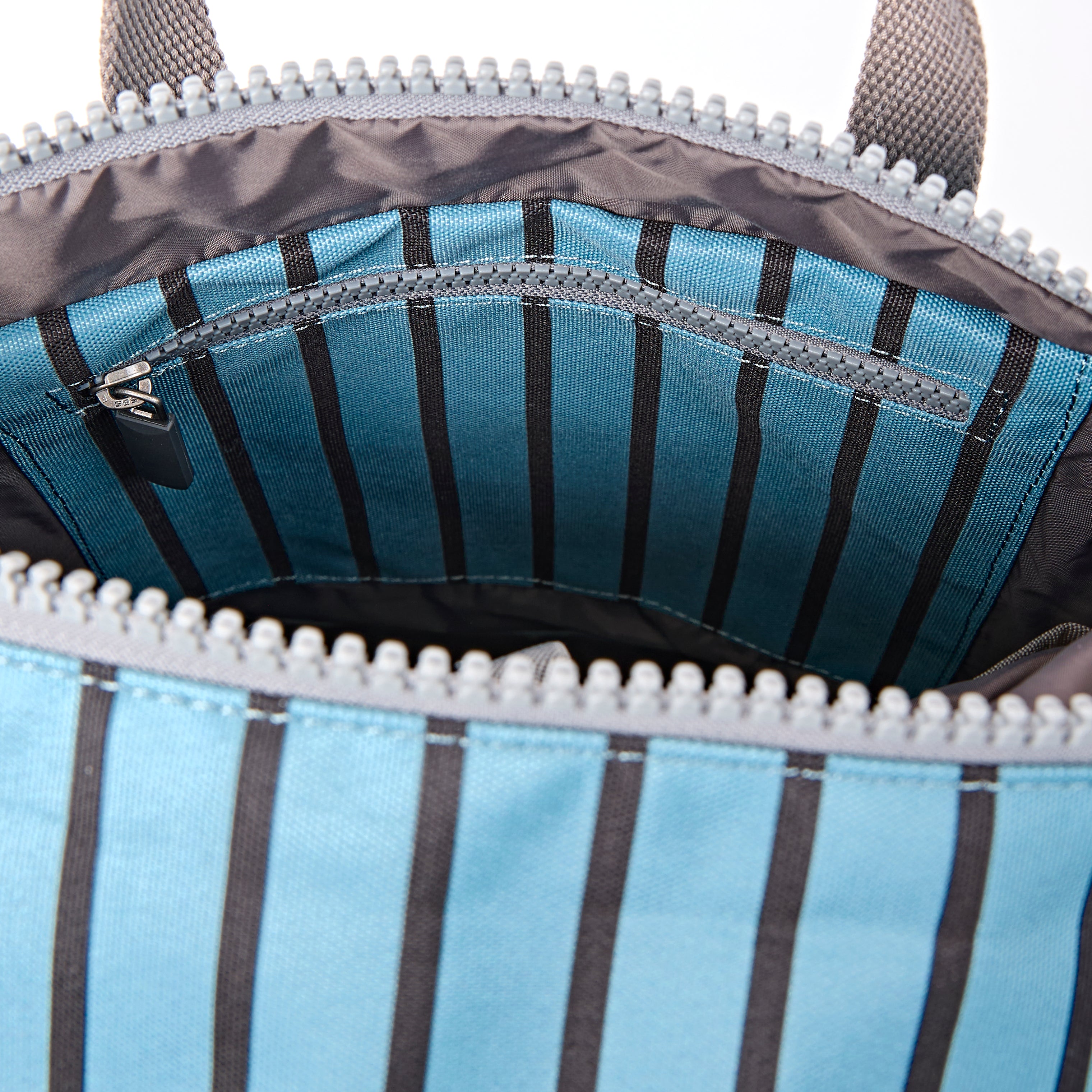 ROKA Canfield Roll Top Small Backpack – Blue Stripe Recycled Canvas at Bibelot Leek UK Stockist