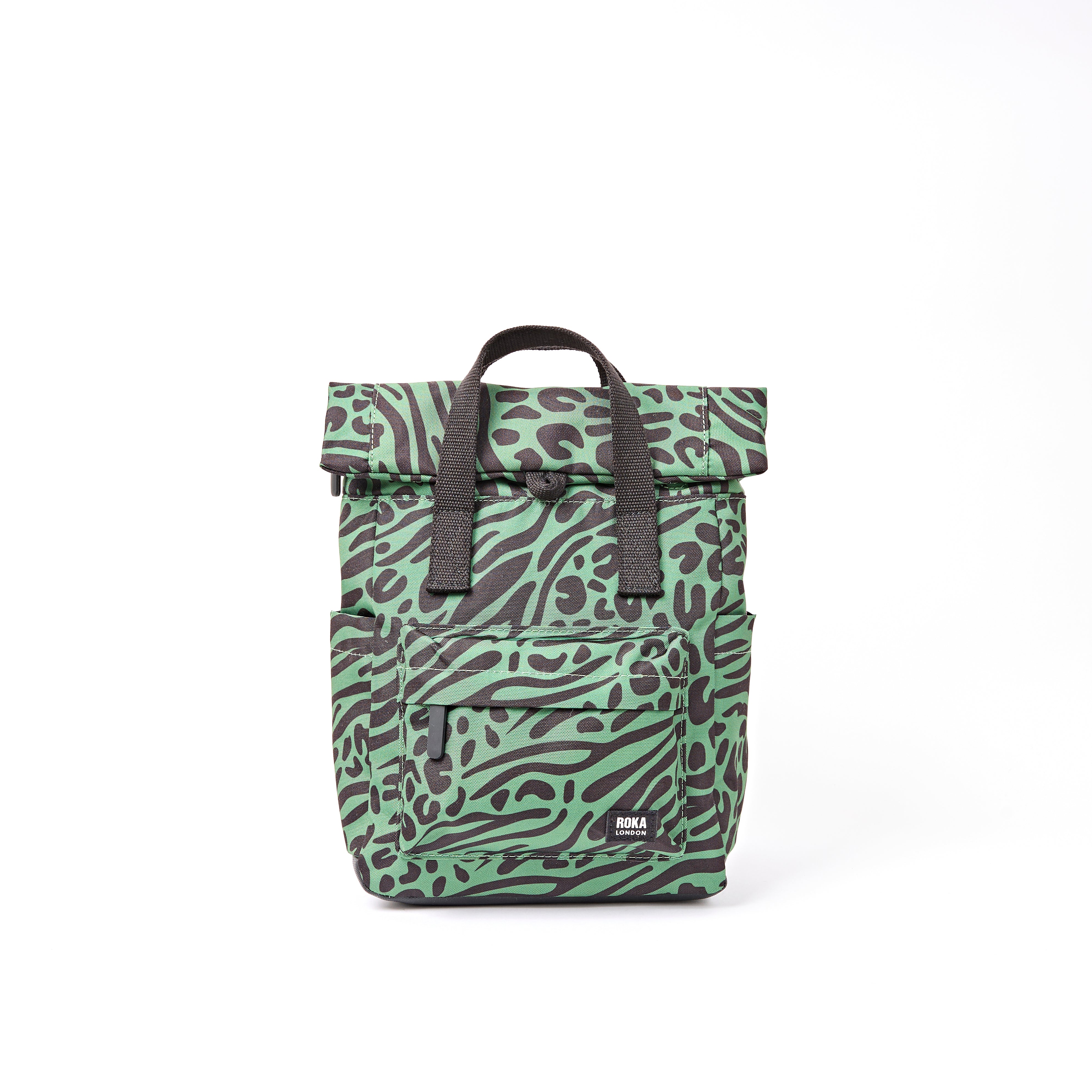ROKA Canfield Roll Top Small Backpack – Mixed Animal Artichoke Recycled Canvas at Bibelot Leek UK Stockist