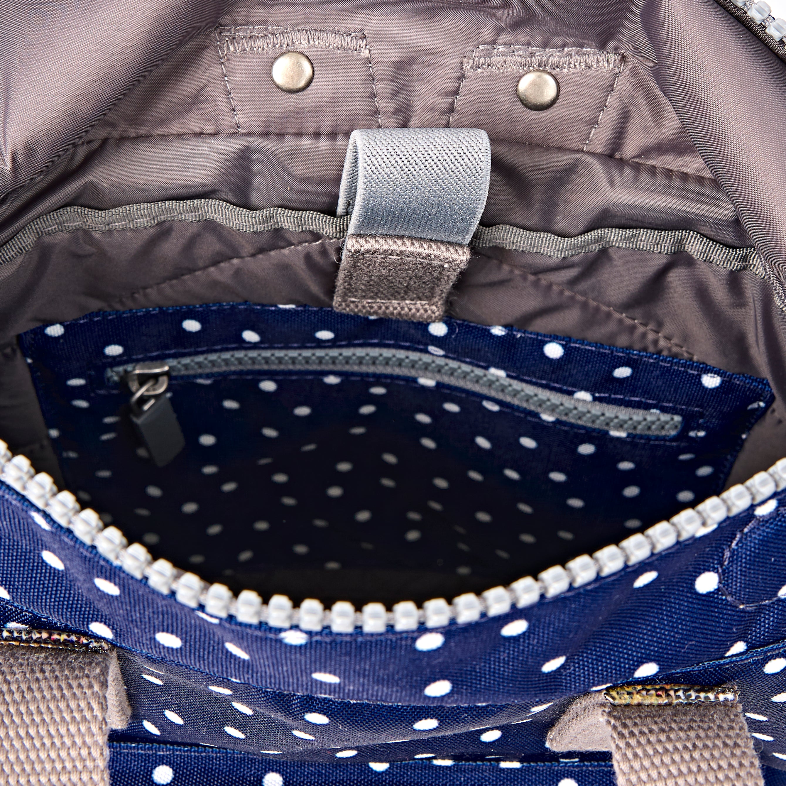 ROKA Canfield Roll Top Small Backpack – Navy Polka Dot Recycled Canvas at Bibelot leek UK Stockist