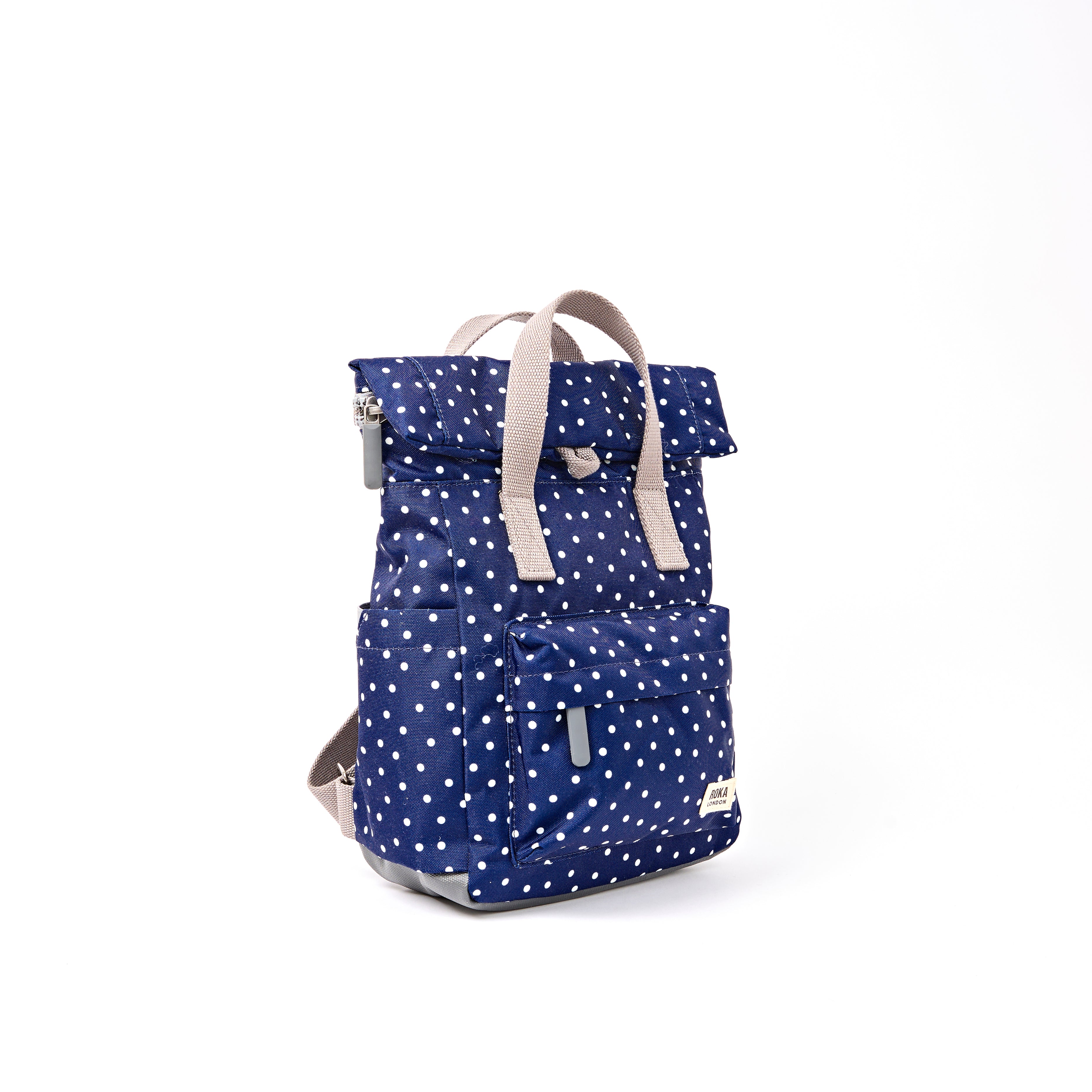 ROKA Canfield Roll Top Small Backpack – Navy Polka Dot Recycled Canvas at Bibelot leek UK Stockist