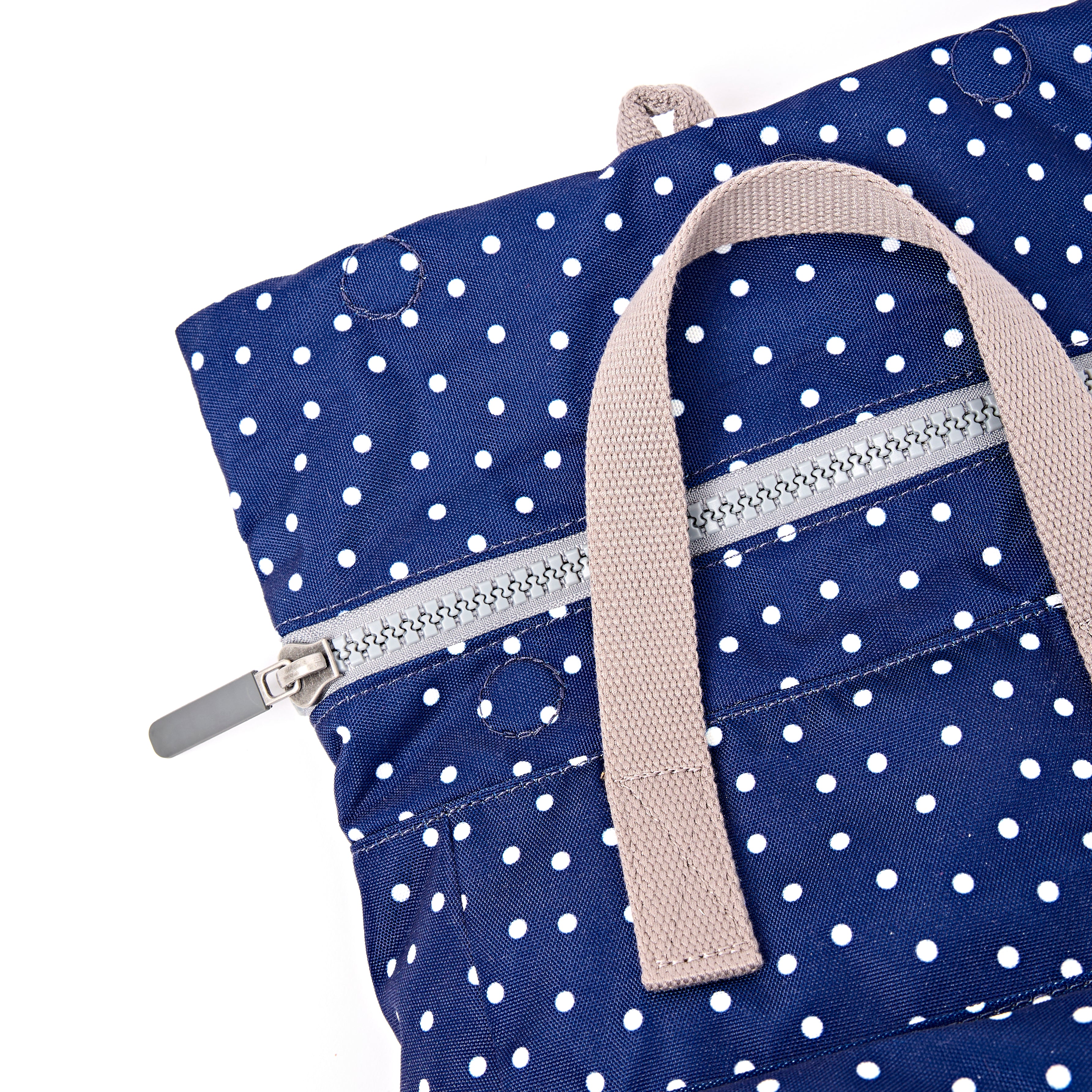 ROKA Canfield Roll Top Small Backpack – Navy Polka Dot Recycled Canvas at Bibelot leek UK Stockist