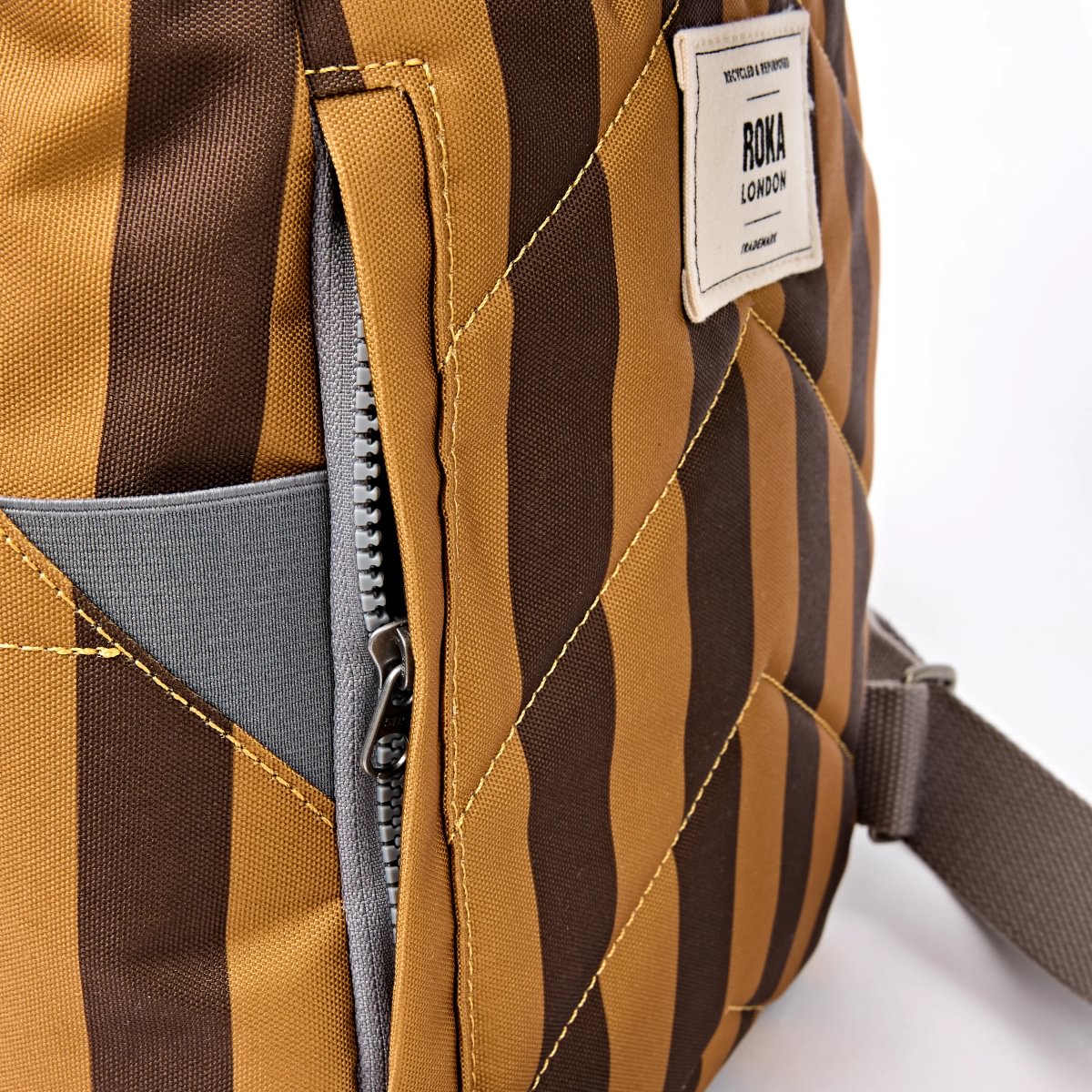 Roka Backpack Small Canfield B Recycled Canvas: Brown Stripes at Bibelot Leek UK Stockist