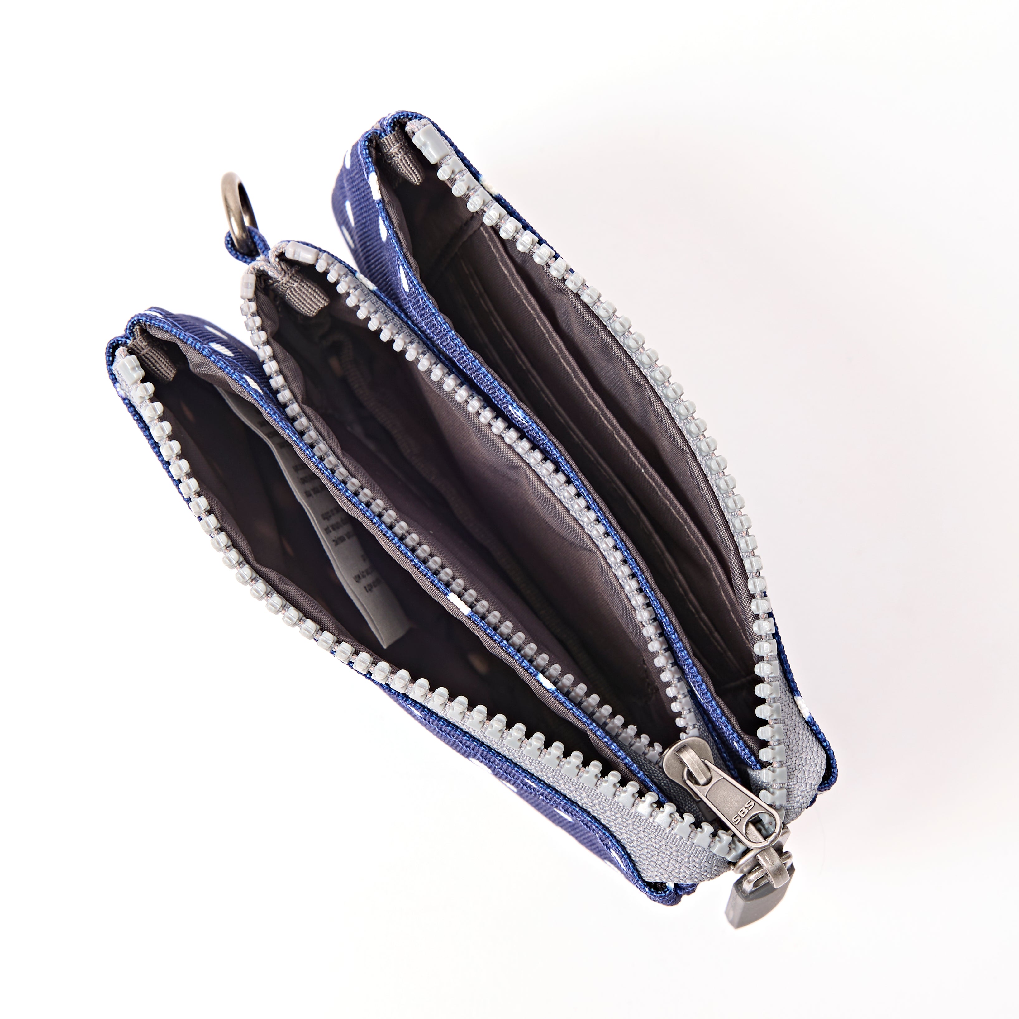 ROKA Small Carnaby Wallet – Navy Polka Dot Recycled Canvas at Bibelot Leek UK Stockist