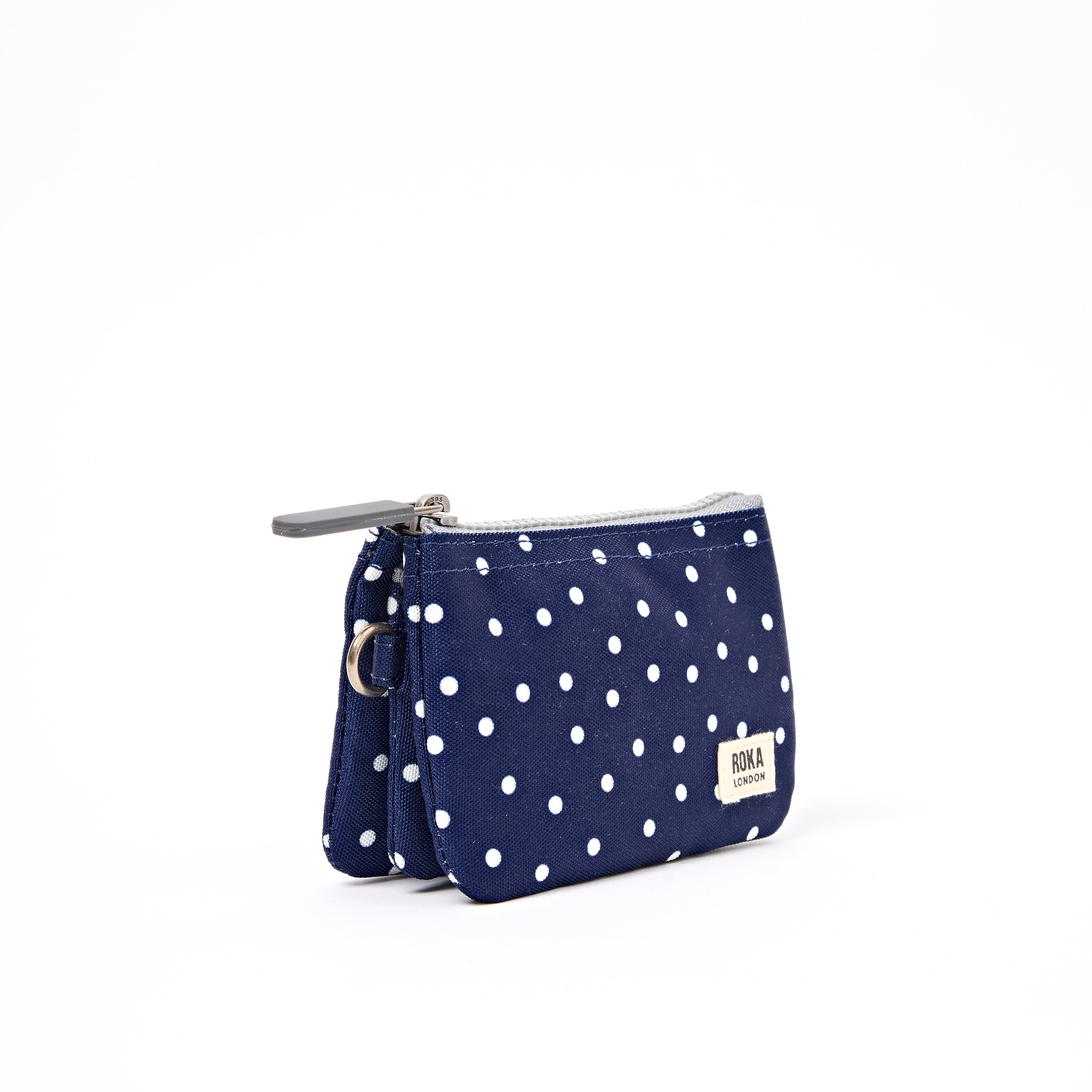 ROKA Small Carnaby Wallet – Navy Polka Dot Recycled Canvas at Bibelot Leek UK Stockist