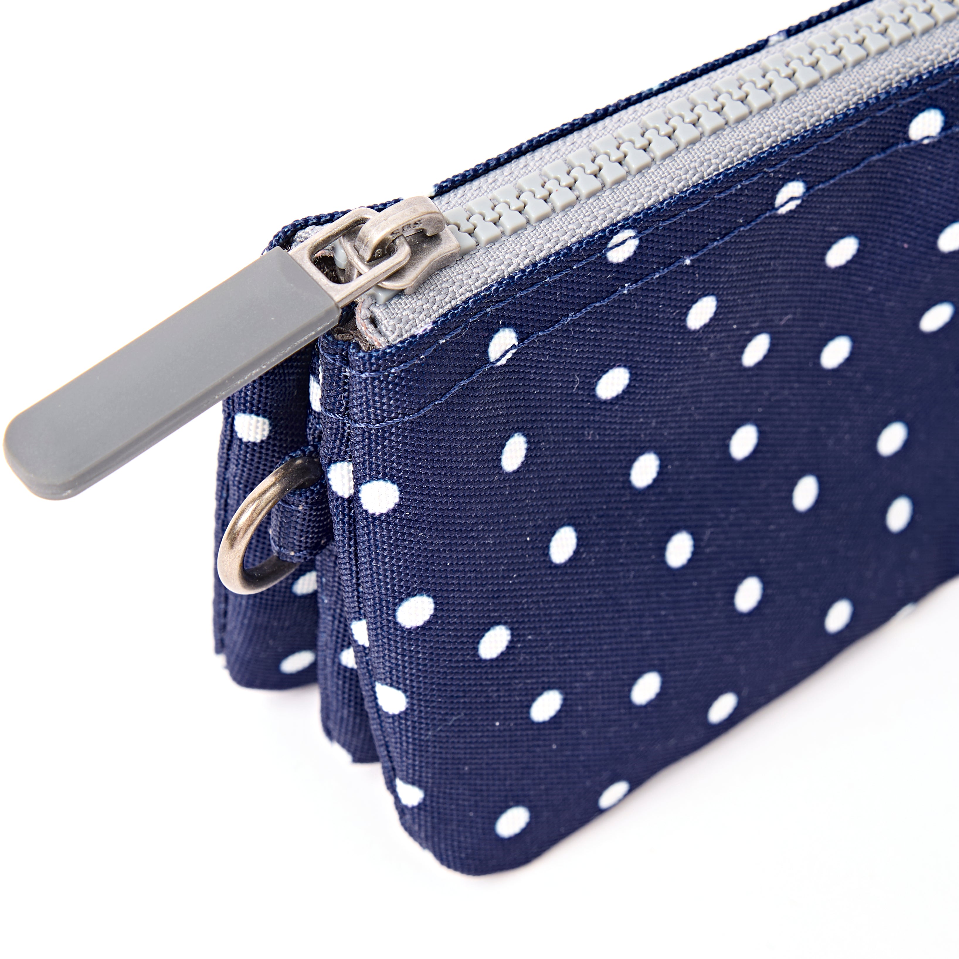ROKA Small Carnaby Wallet – Navy Polka Dot Recycled Canvas at Bibelot Leek UK Stockist