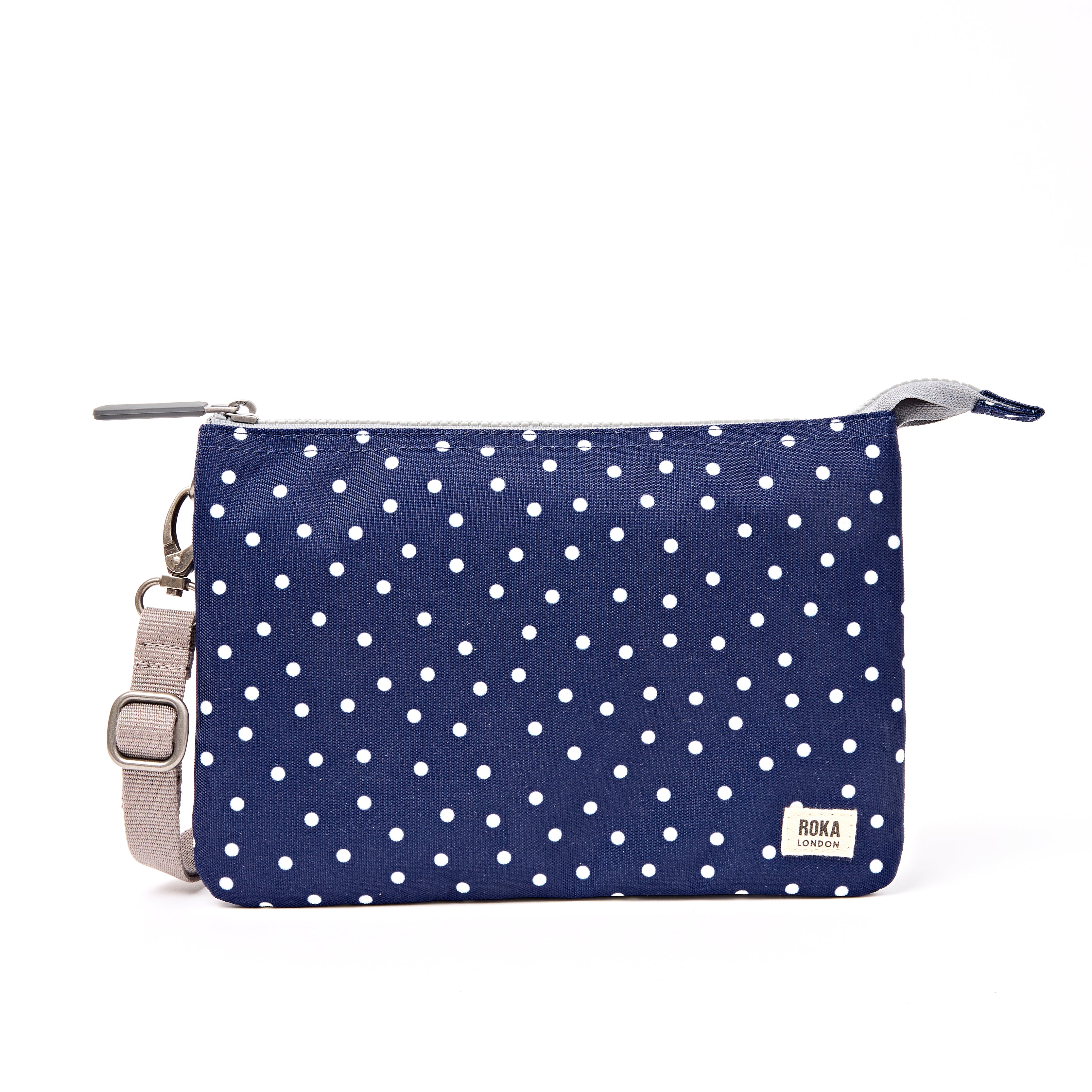 Roka Carnaby Crossbody XL Navy Polka Dot Recycled Canvas at Bibelot Leek UK Stockist
